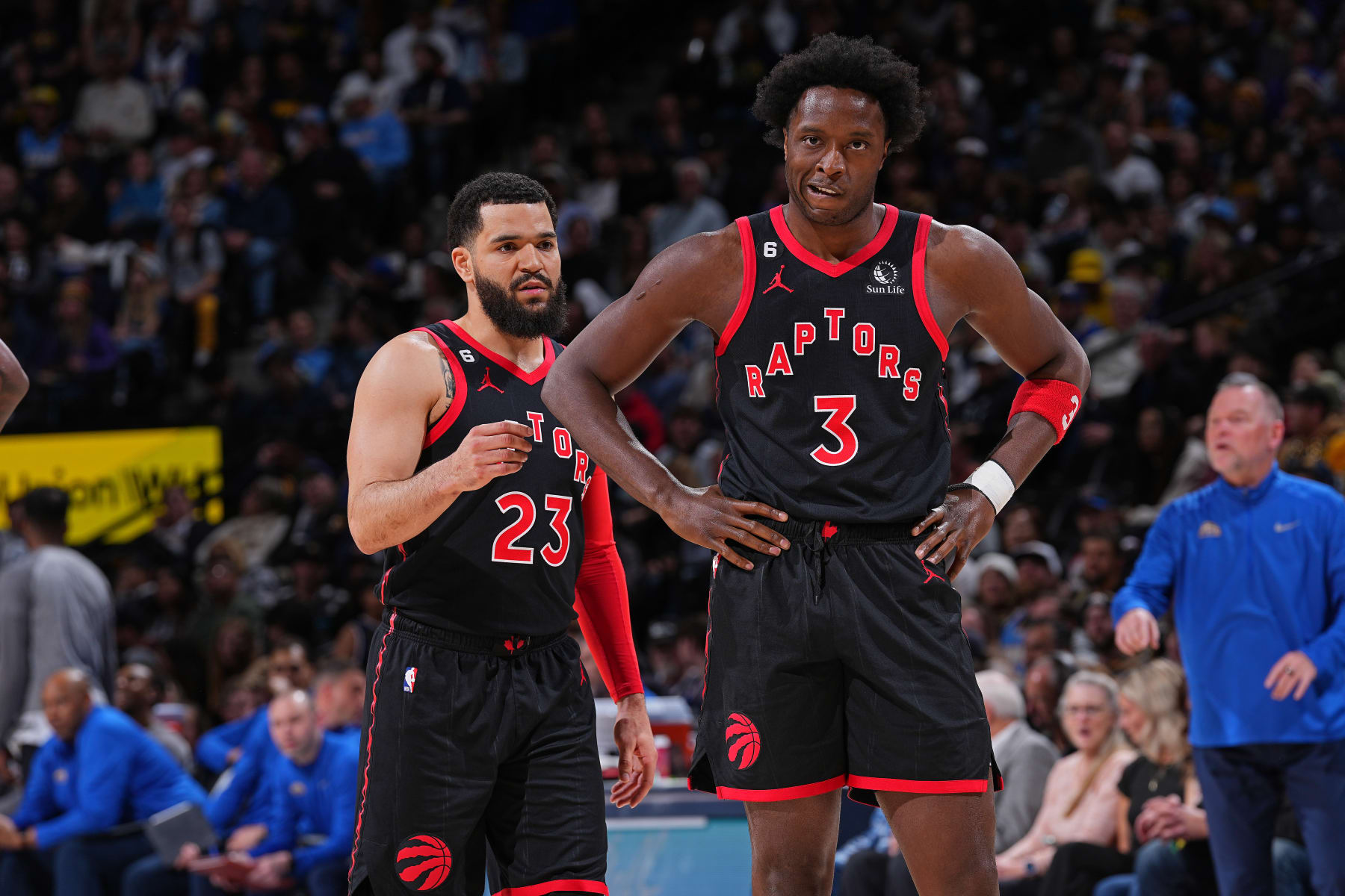 DENVER, CO - MARCH 6: Fred VanVleet #23 and OG Anunoby #3 of the Toronto Raptors look on during the game against the Denver Nuggets on March 6, 2023 at the Ball Arena in Denver, Colorado. NOTE TO USER: User expressly acknowledges and agrees that, by downloading and/or using this Photograph, user is consenting to the terms and conditions of the Getty Images License Agreement. Mandatory Copyright Notice: Copyright 2023 NBAE (Photo by Bart Young/NBAE via Getty Images)