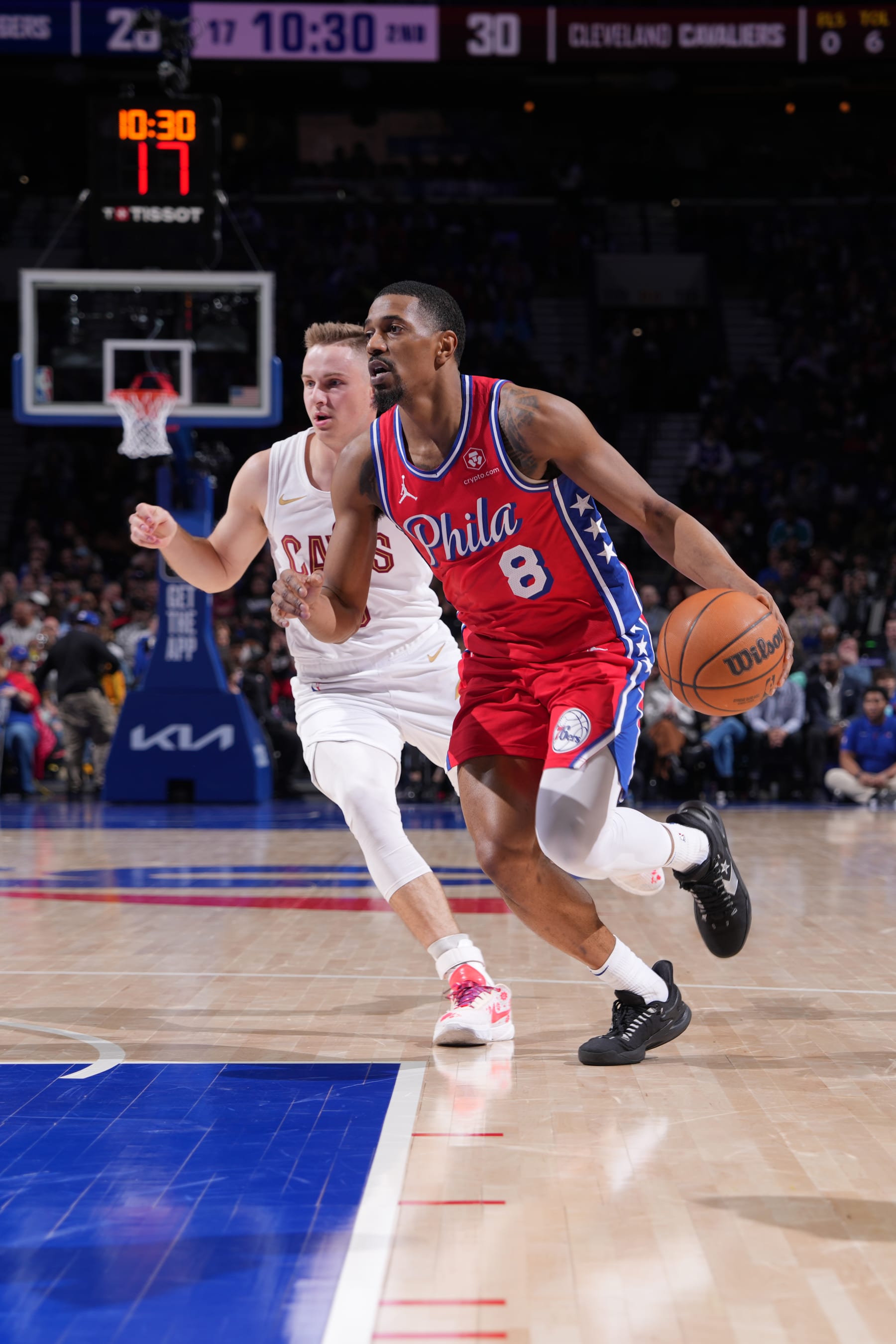PHILADELPHIA, PA - FEBRUARY 23: De'Anthony Melton #8 of the Philadelphia 76ers dribbles the ball during the game against the Cleveland Cavaliers on February 23, 2024 at the Wells Fargo Center in Philadelphia, Pennsylvania NOTE TO USER: User expressly acknowledges and agrees that, by downloading and/or using this Photograph, user is consenting to the terms and conditions of the Getty Images License Agreement. Mandatory Copyright Notice: Copyright 2024 NBAE (Photo by Jesse D. Garrabrant/NBAE via Getty Images)