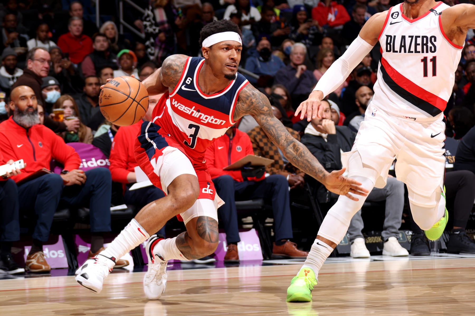 WASHINGTON, DC -  FEBRUARY 3: Bradley Beal #3 of the Washington Wizards drives during the game against the Portland Trail Blazers on February 3, 2023 at Capital One Arena in Washington, DC. NOTE TO USER: User expressly acknowledges and agrees that, by downloading and or using this Photograph, user is consenting to the terms and conditions of the Getty Images License Agreement. Mandatory Copyright Notice: Copyright 2023 NBAE (Photo by Stephen Gosling/NBAE via Getty Images)