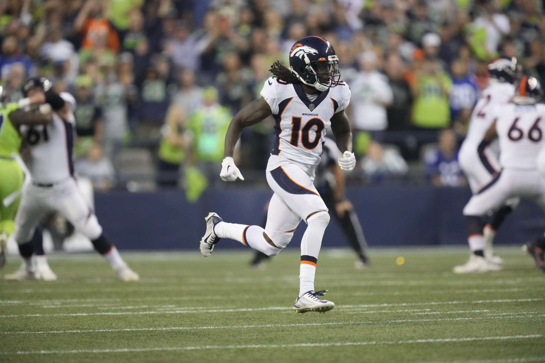 Denver Broncos wide receiver Jerry Jeudy (10) during an NFL football game against the Seattle Seahawks, Monday, Sept. 12, 2022, in Seattle, WA. The Seahawks defeated the Bears 17-16. (AP Photo/Ben VanHouten)