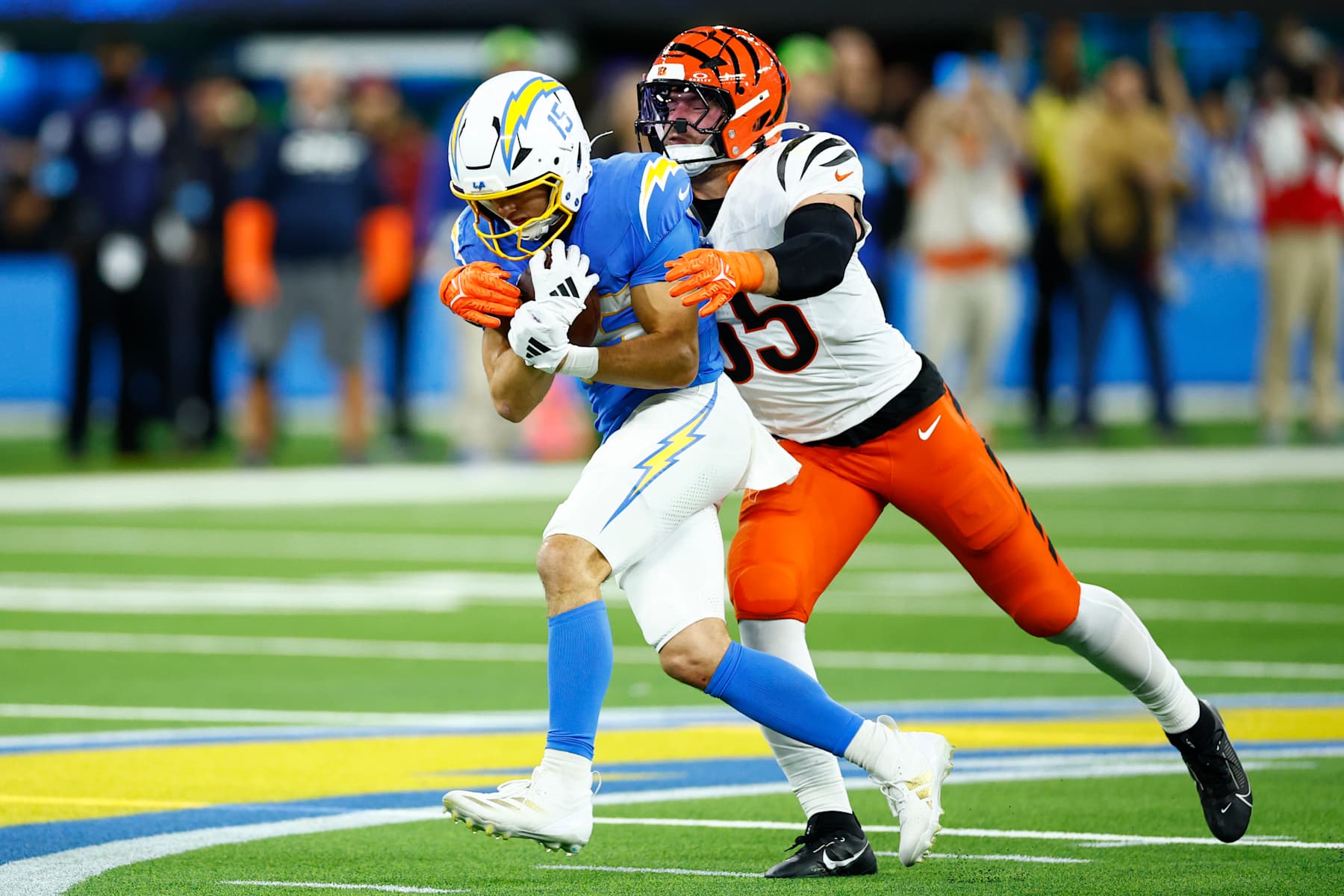 Los Angeles Chargers wide receiver Ladd McConkey with a reception against the Cincinnati Bengals. 