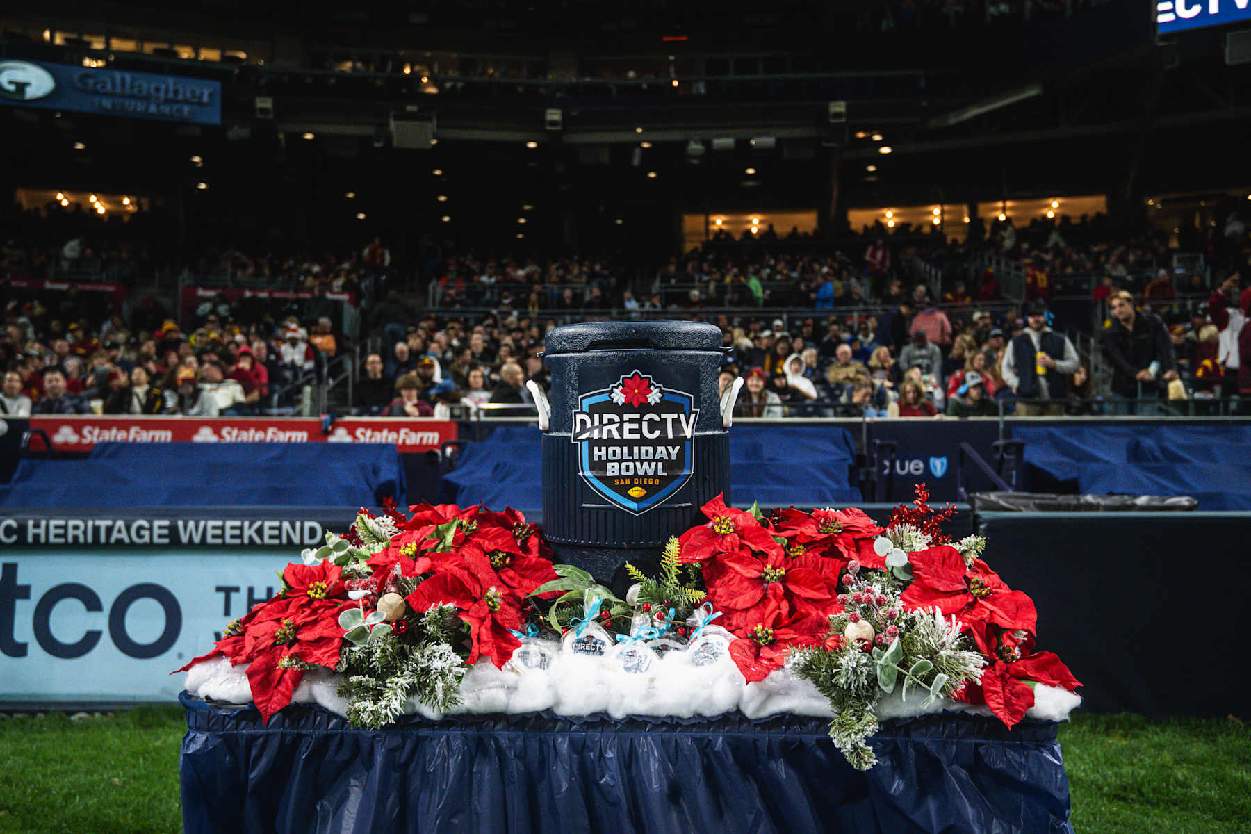SAN DIEGO, CALIFORNIA - DECEMBER 27:  Photo of the Holiday Bowl eggnog cooler to be dumped on the winner of the USC Trojans and the Louisville Cardinals during the DIRECTV Holiday Bowl at Petco Park on December 27, 2023, in San Diego, California. (Photo by Matt Thomas/San Diego Padres/Getty Images)