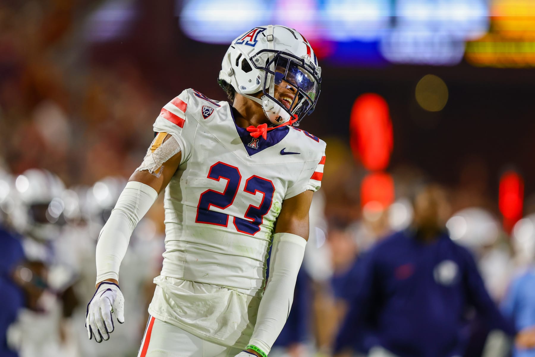 LOS ANGELES, CA - OCTOBER 07: Arizona Wildcats cornerback Tacario Davis (23) smiles during a college football game between the Arizona Wildcats against the USC Trojans on October 07, 2023, at United Airlines Field at The Los Angeles Memorial Coliseum in Los Angeles, CA.(Photo by Jordon Kelly/Icon Sportswire via Getty Images)