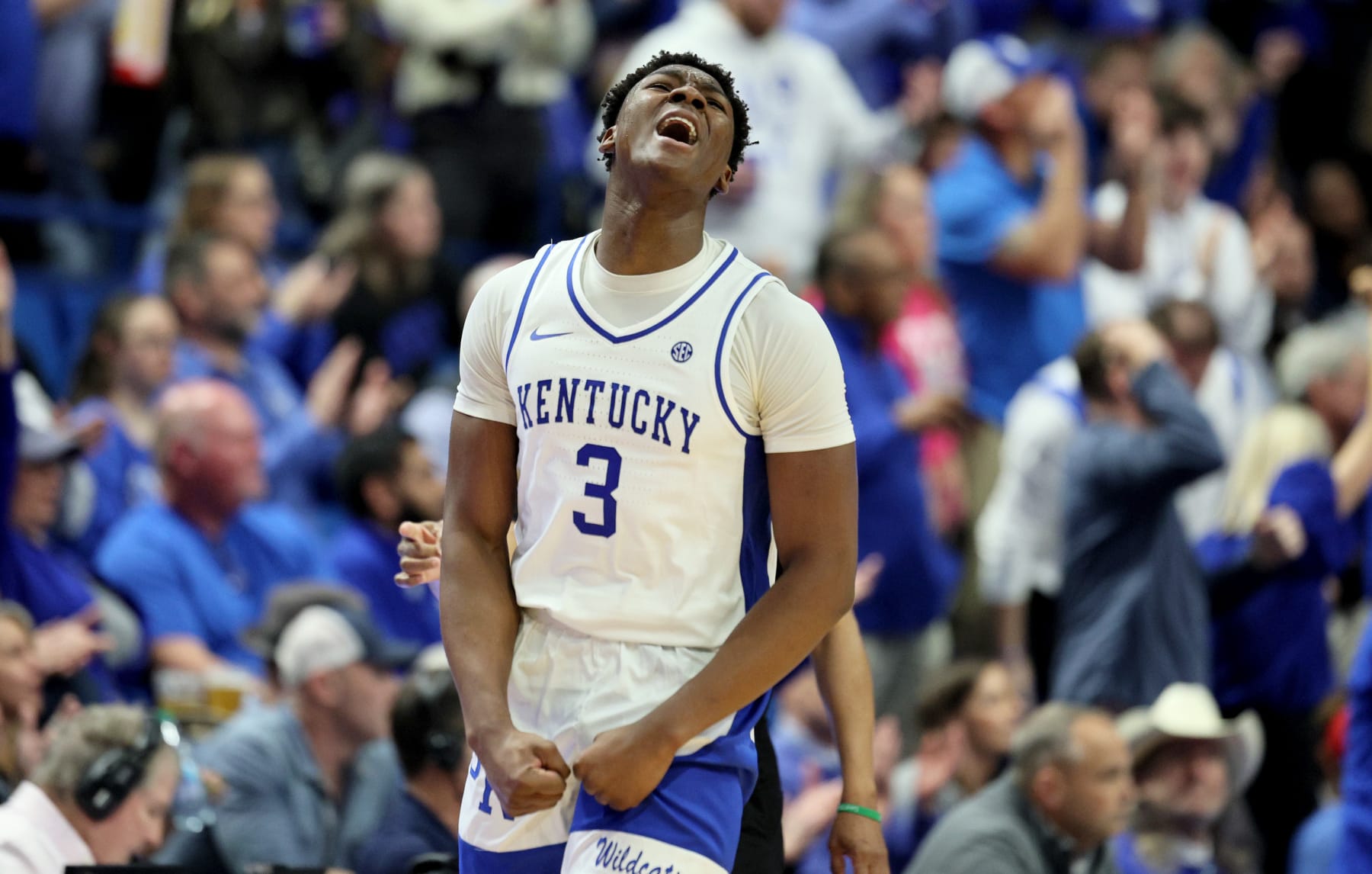 LEXINGTON, KENTUCKY - FEBRUARY 10: Adou Thiero #3 of the Kentucky Wildcats celebrates in the second half against the Gonzaga Bulldogs at Rupp Arena on February 10, 2024 in Lexington, Kentucky. (Photo by Andy Lyons/Getty Images)