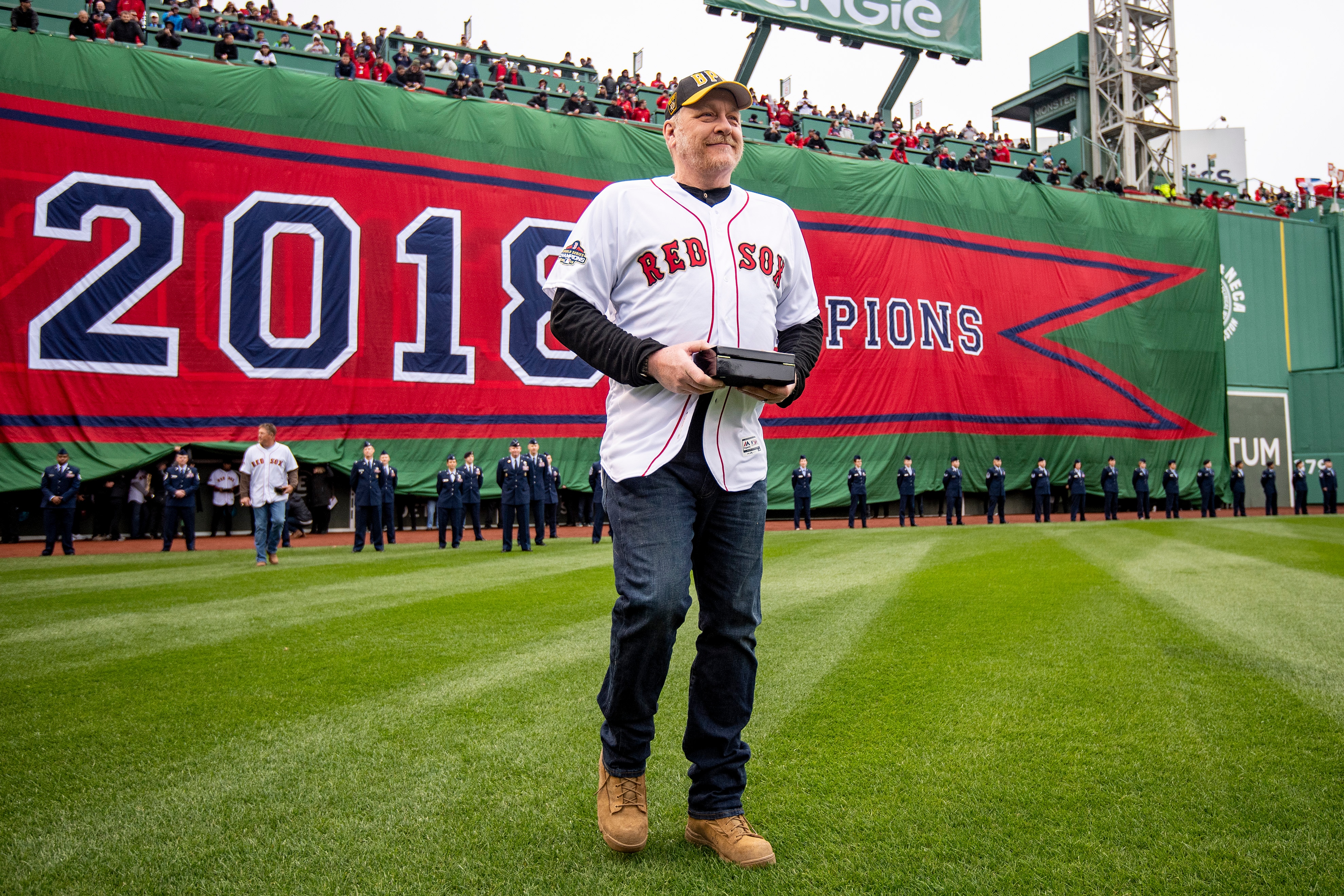 BOSTON, MA - APRIL 9: Former pitcher Curt Schilling of the Boston Red Sox is introduced during a 2018 World Series championship ring ceremony before the Opening Day game against the Toronto Blue Jays on April 9, 2019 at Fenway Park in Boston, Massachusetts. (Photo by Billie Weiss/Boston Red Sox/Getty Images) BOSTON, MA - APRIL 9: Former pitcher Curt Schilling of the Boston Red Sox is introduced during a 2018 World Series championship ring ceremony before the Opening Day game against the Toronto Blue Jays on April 9, 2019 at Fenway Park in Boston, Massachusetts. (Photo by Billie Weiss/Boston Red Sox/Getty Images)