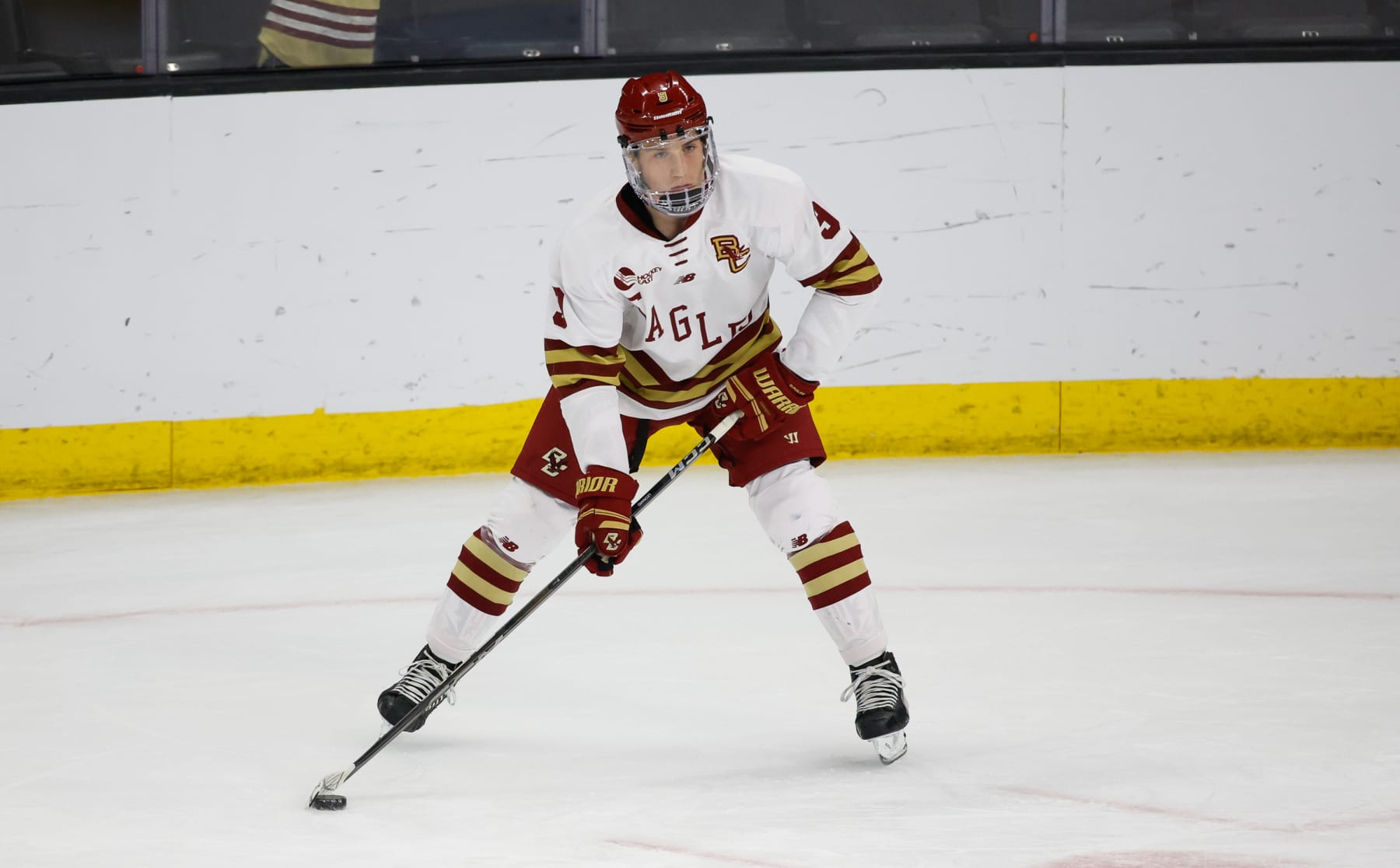 PROVIDENCE, RHODE ISLAND - MARCH 31: Ryan Leonard #9 of the Boston College Eagles warms up before a game against the Quinnipiac Bobcats during the NCAA Division I Men's Ice Hockey Regional Championship final at the Amica Mutual Pavilion on March 31, 2024 in Providence, Rhode Island. The Eagles won 5-4 in overtime to advance to the Frozen Four in St. Paul, Minnesota. (Photo by Richard T Gagnon/Getty Images)