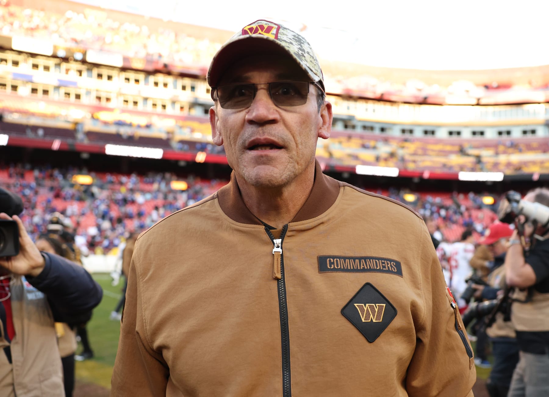LANDOVER, MARYLAND - NOVEMBER 19: Head coach Ron Rivera of the Washington Commanders walks off the field after a loss to the New York Giants at FedExField on November 19, 2023 in Landover, Maryland. (Photo by Patrick Smith/Getty Images)