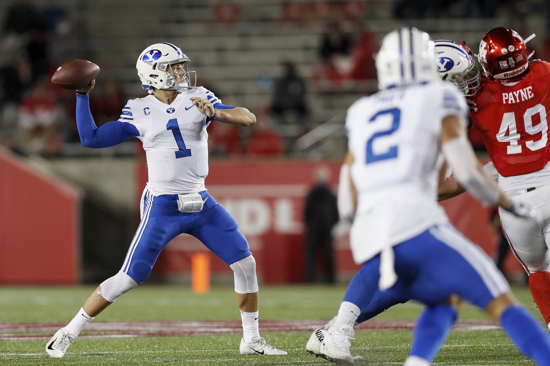 HOUSTON, TEXAS - OCTOBER 16: Zach Wilson #1 of the BYU Cougars throws a pass in the second half against the Houston Cougars at TDECU Stadium on October 16, 2020 in Houston, Texas. (Photo by Tim Warner/Getty Images)