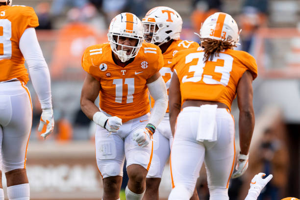 KNOXVILLE, TN - DECEMBER 5: Henry To'o To'o  #11 of the Tennessee Volunteers reacts after a play against the Florida Gators at Neyland Stadium on December 5, 2020 in Knoxville, Tennessee. (Photo by Andrew Ferguson/Collegiate Images/Getty Images)