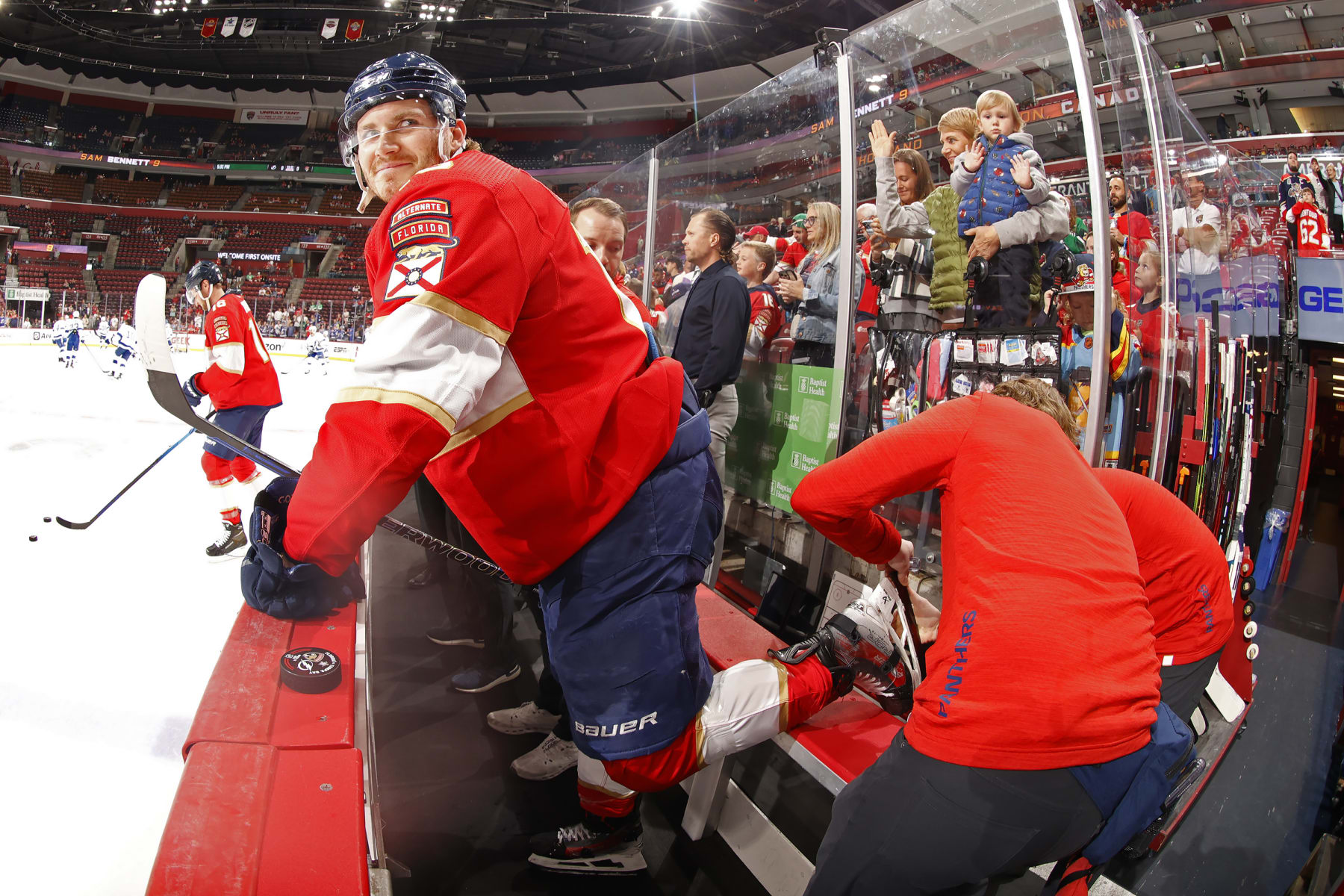 SUNRISE, FLORIDA - MARCH 16: Matthew Tkachuk #19 of the Florida Panthers has his skate adjusted prior to the start of the game against the Tampa Bay Lightning at the Amerant Bank Arena on March 16, 2024 in Sunrise, Florida. (Photo by Eliot J. Schechter/NHLI via Getty Images)