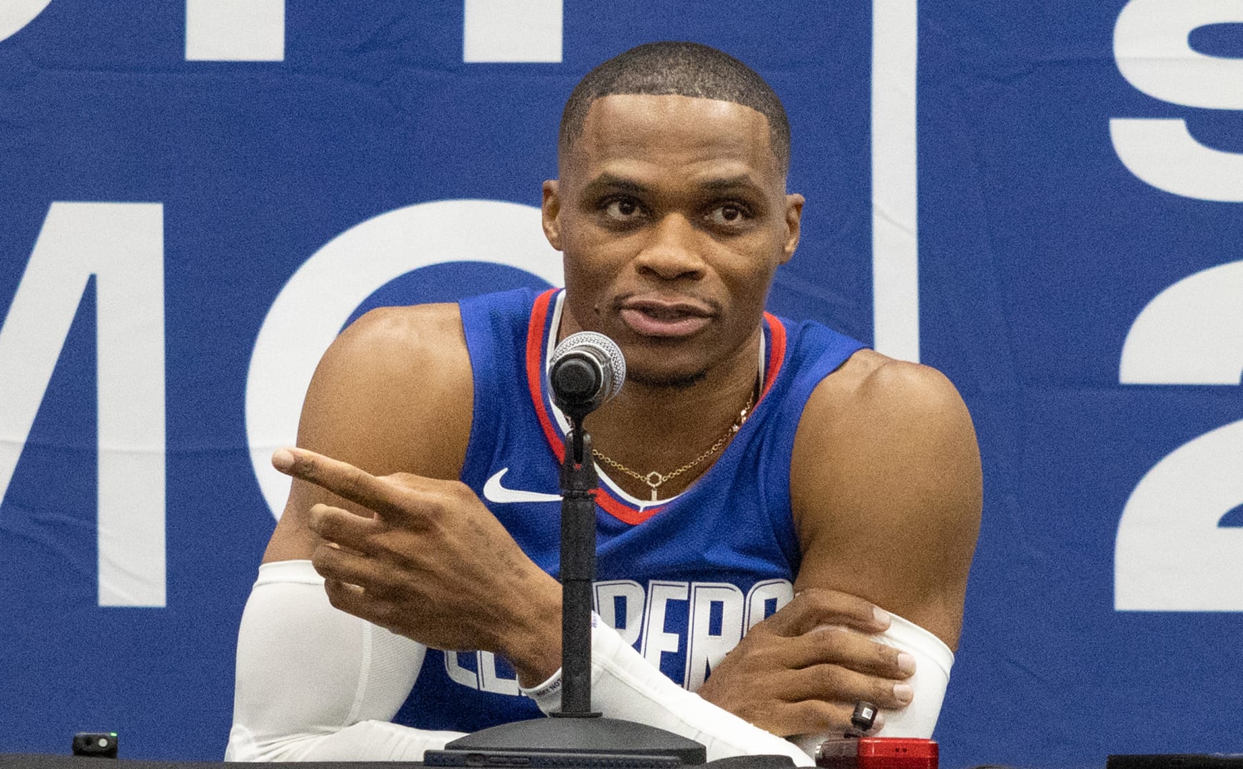 Playa Vista, CA - October 02: Russell Westbrook attend LA Clippers media day on Monday, Oct. 2, 2023 in Playa Vista, CA. (Jason Armond / Los Angeles Times via Getty Images)