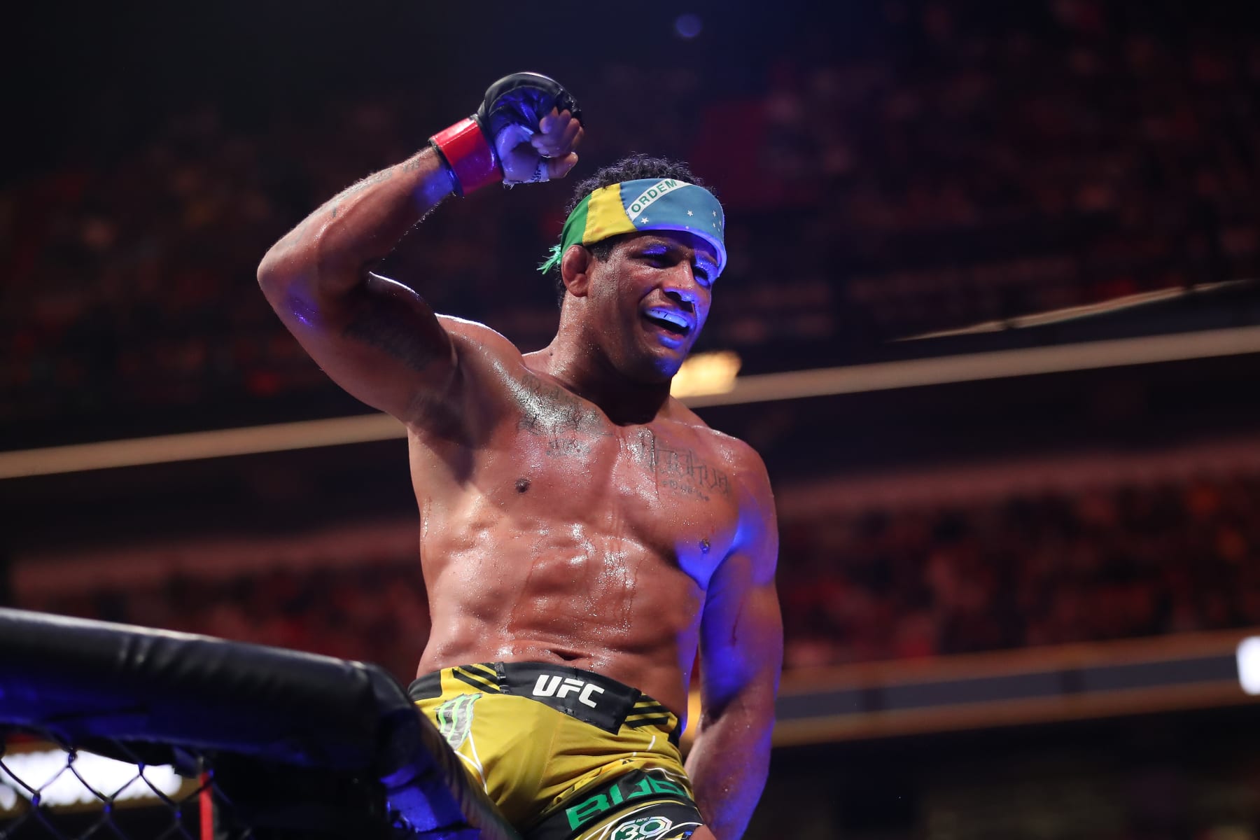 MIAMI, FLORIDA - APRIL 8: Gilbert Burns celebrates his victory over Jorge Masvidal in their welterweight fight during the UFC 287 event on April 8, 2023, at the Kaseya Center in Miami, FL. (Photo by Alejandro Salazar/PxImages/Icon Sportswire via Getty Images)