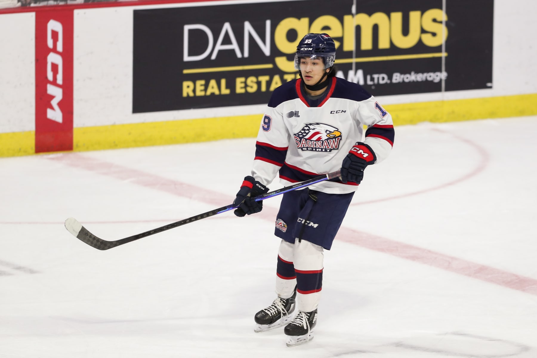WINDSOR, ONTARIO - MARCH 15: Forward Zayne Parekh #19 of the Saginaw Spirit skates against the Windsor Spitfires at WFCU Centre on March 15, 2023 in Windsor, Ontario. (Photo by Dennis Pajot/Getty Images)