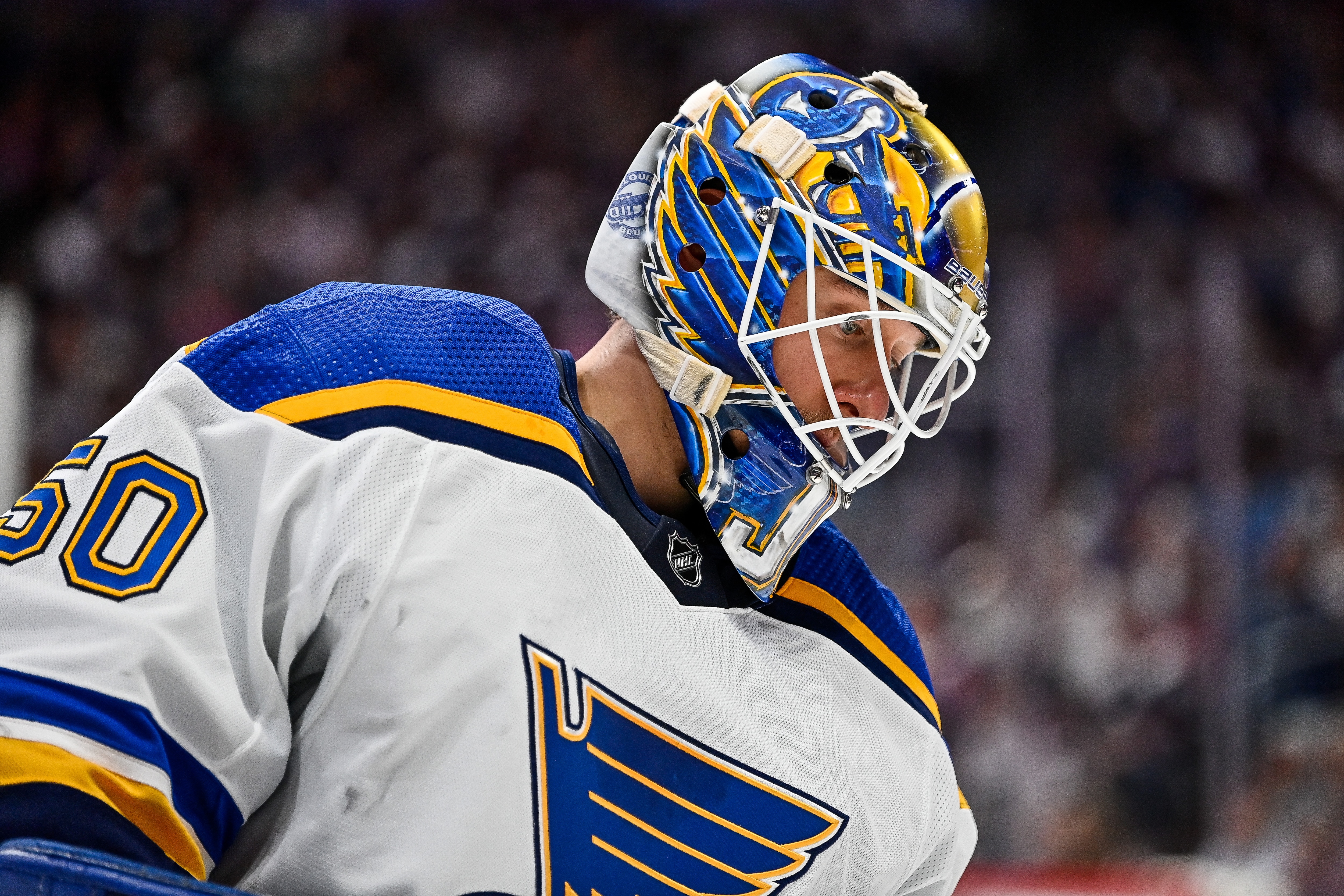 DENVER, CO - MAY 19: St. Louis Blues goaltender Jordan Binnington (50) during a break in play during a Stanley Cup Playoffs round 2 game between the St. Louis Blues and the Colorado Avalanche at Ball Arena in Denver, Colorado on May 19, 2022. (Photo by Dustin Bradford/Icon Sportswire via Getty Images)
