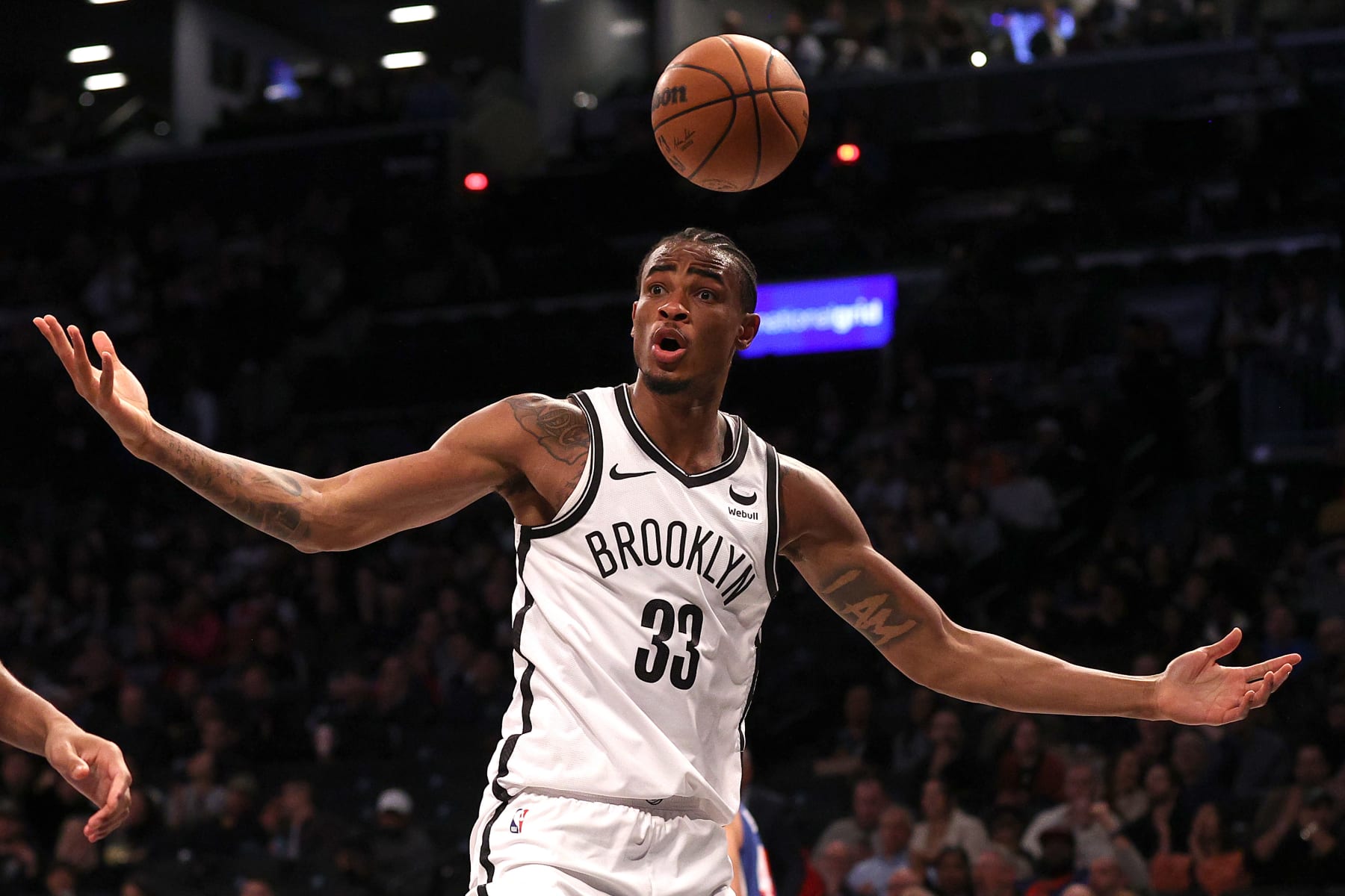 NEW YORK, NEW YORK - MARCH 05: Nic Claxton #33 of the Brooklyn Nets reacts after a play in the first half against the Philadelphia 76ers at Barclays Center on March 05, 2024 in New York City. NOTE TO USER: User expressly acknowledges and agrees that, by downloading and or using this photograph, User is consenting to the terms and conditions of the Getty Images License Agreement. (Photo by Mike Lawrie/Getty Images)