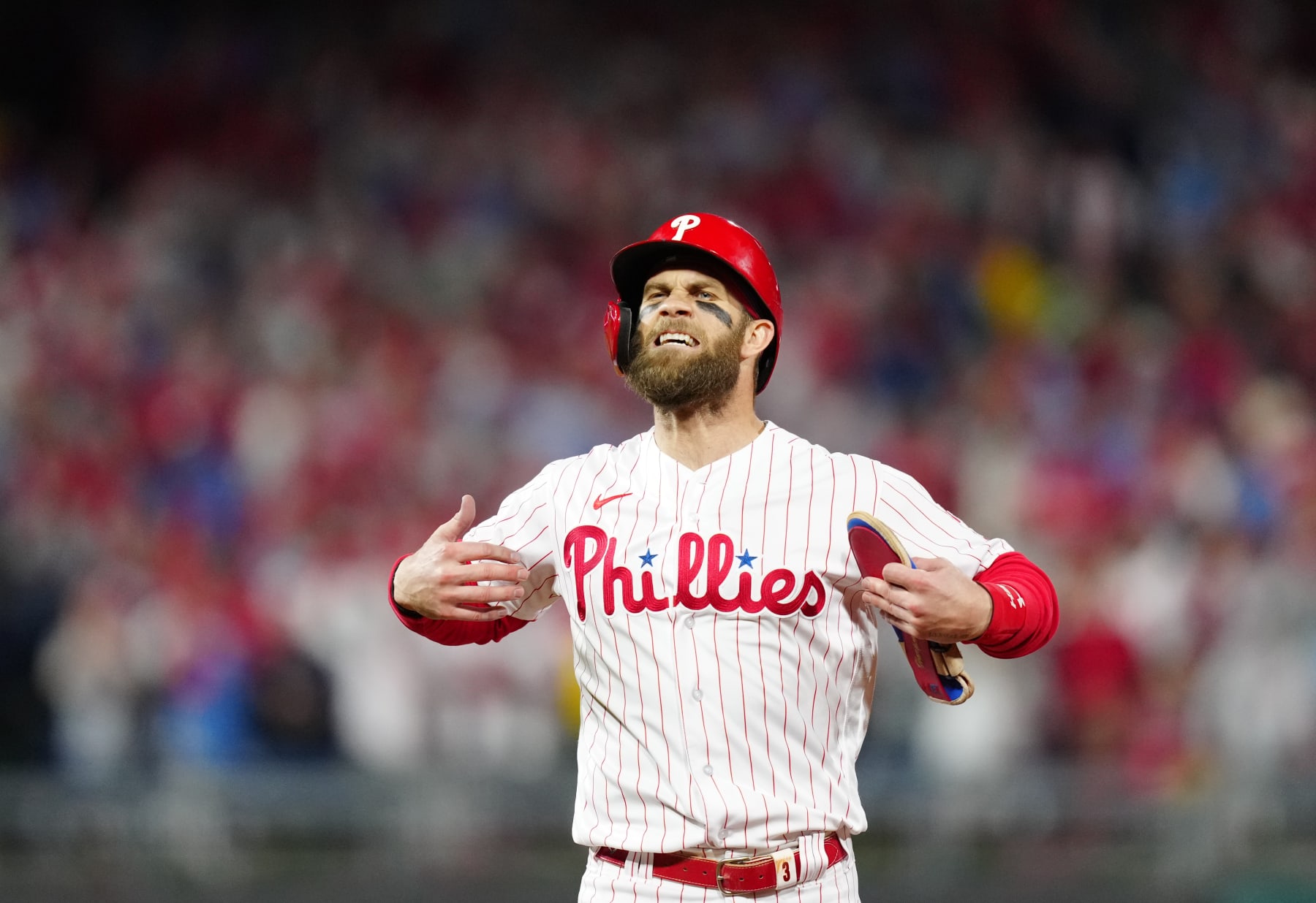 PHILADELPHIA, PA - OCTOBER 22: Bryce Harper #3 of the Philadelphia Phillies reacts after hitting an RBI double in the fifth inning of Game 4 of the NLCS between the San Diego Padres and the Philadelphia Phillies at Citizens Bank Park on Saturday, October 22, 2022 in Philadelphia, Pennsylvania. (Photo by Daniel Shirey/MLB Photos via Getty Images)