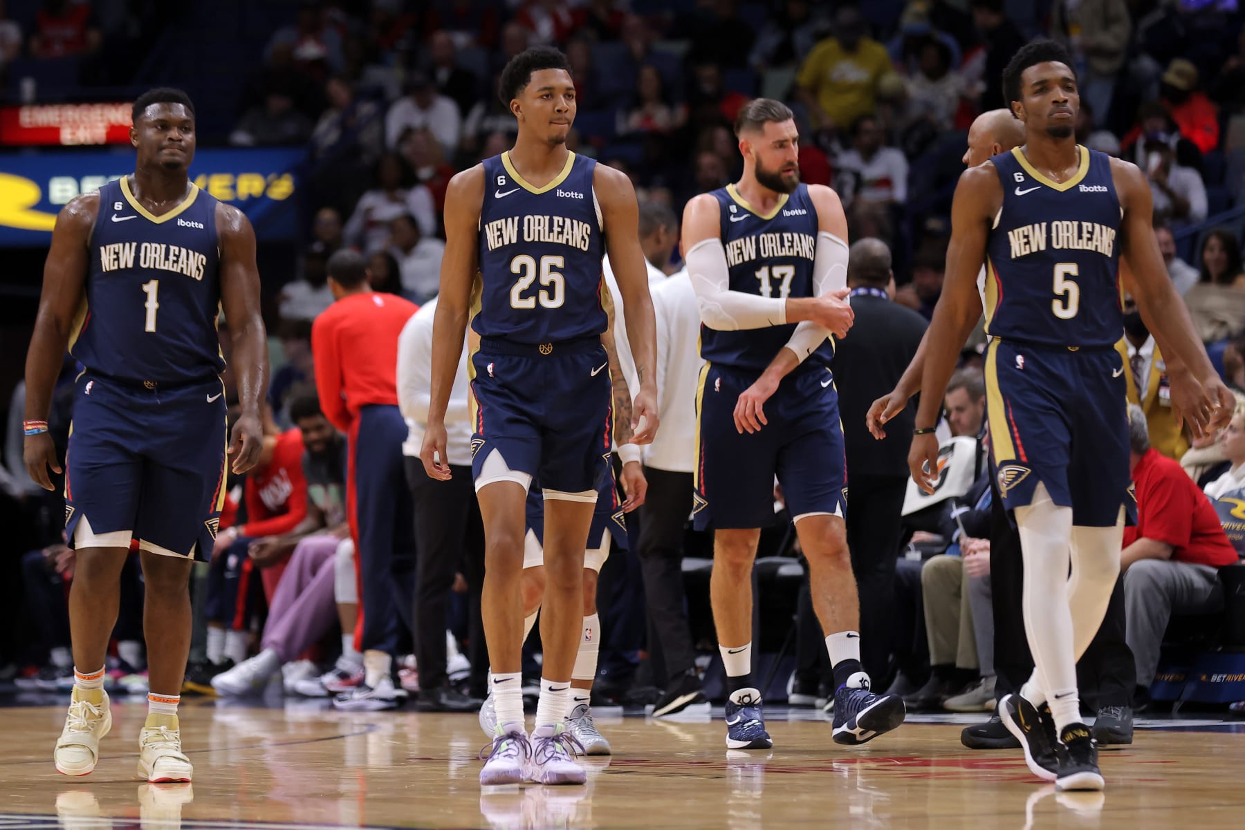 NEW ORLEANS, LOUISIANA - NOVEMBER 30: Zion Williamson #1, Trey Murphy III #25, Jonas Valanciunas #17 and Herbert Jones #5 of the New Orleans Pelicans react during a game against the Toronto Raptors at the Smoothie King Center on November 30, 2022 in New Orleans, Louisiana. (Photo by Jonathan Bachman/Getty Images)
