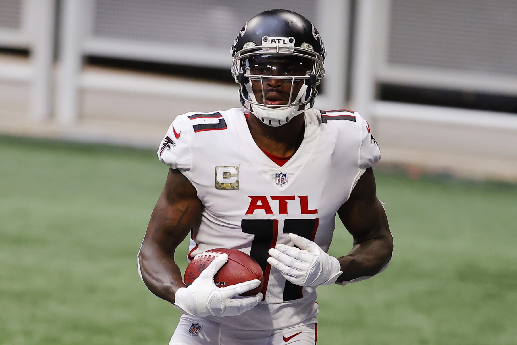 ATLANTA, GEORGIA - NOVEMBER 08: Julio Jones #11 of the Atlanta Falcons reacts after scoring a touchdown during the third quarter against the Denver Broncos at Mercedes-Benz Stadium on November 08, 2020 in Atlanta, Georgia. (Photo by Kevin C. Cox/Getty Images)