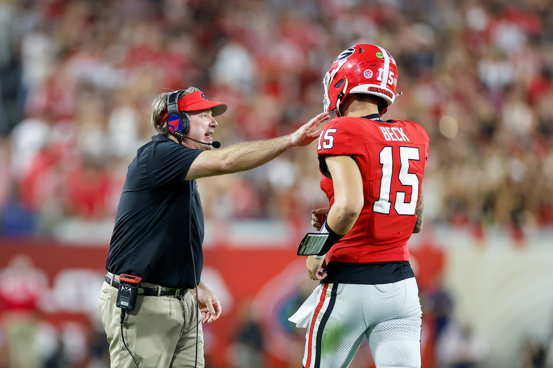 Georgia Bulldogs head coach Kirby Smart and Georgia Bulldogs quarterback Carson Beck