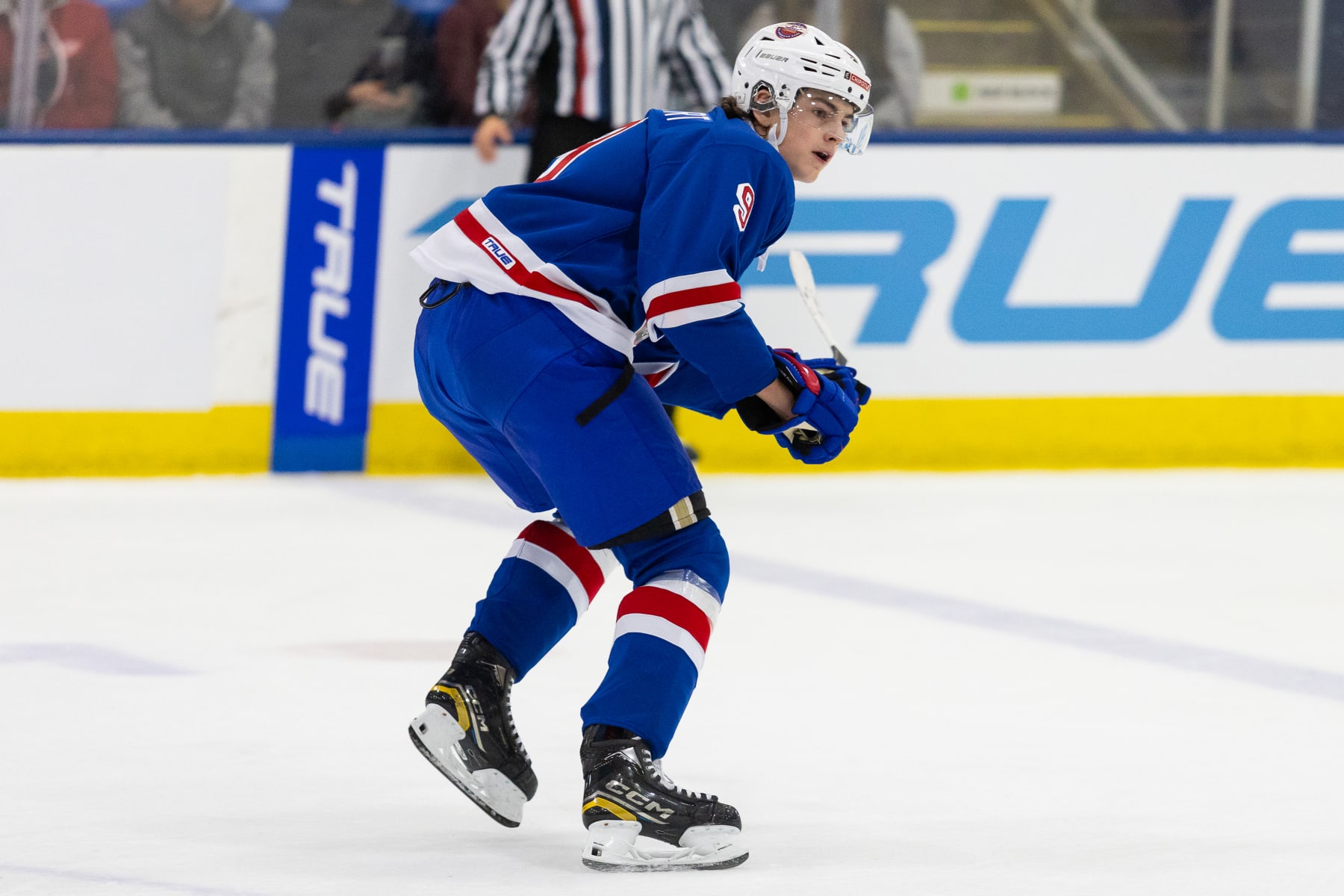 PLYMOUTH, MI - JANUARY 15: Sacha Boisvert #9 of Team Blue skates without the puck during Chipotle All-American Game between Team Blue and Team White at USA Hockey Arena on January 15, 2024 in Plymouth, Michigan. (Photo by Michael Miller/ISI Photos/Getty Images)