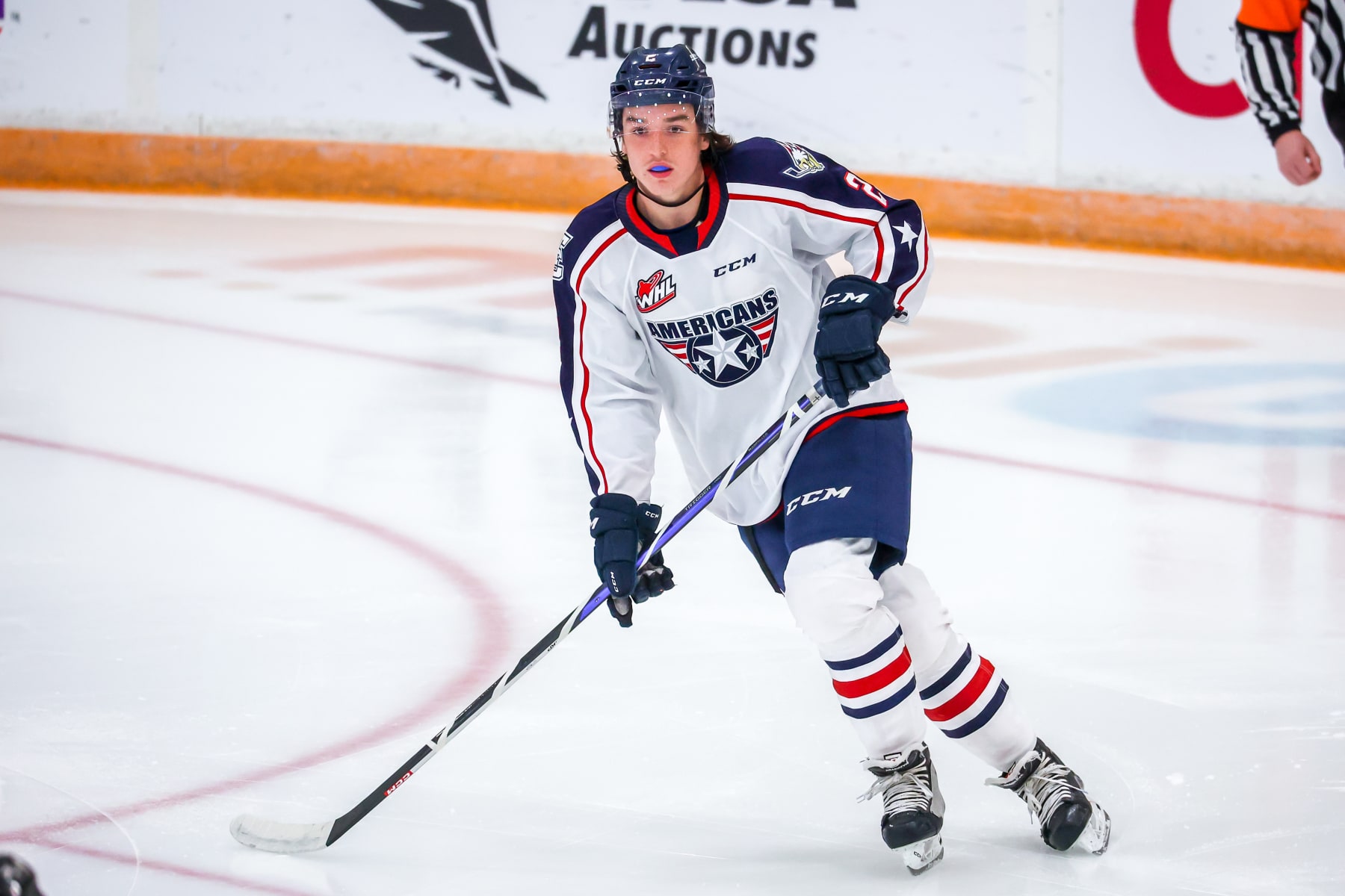 WINNIPEG, CANADA - NOVEMBER 05: Lukas Dragicevic #2 of the Tri-City Americans skates during first period action against the Winnipeg ICE at Wayne Fleming Arena on November 05, 2022 in Winnipeg, Manitoba, Canada. (Photo by Jonathan Kozub/Getty Images)