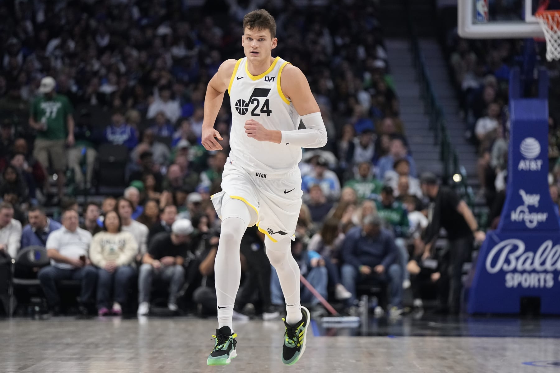 DALLAS, TEXAS - DECEMBER 06: Walker Kessler #24 of the Utah Jazz runs up the court during the second half against the Dallas Mavericks at American Airlines Center on December 06, 2023 in Dallas, Texas. NOTE TO USER: User expressly acknowledges and agrees that, by downloading and/or using this Photograph, user is consenting to the terms and conditions of the Getty Images License Agreement. (Photo by Sam Hodde/Getty Images)