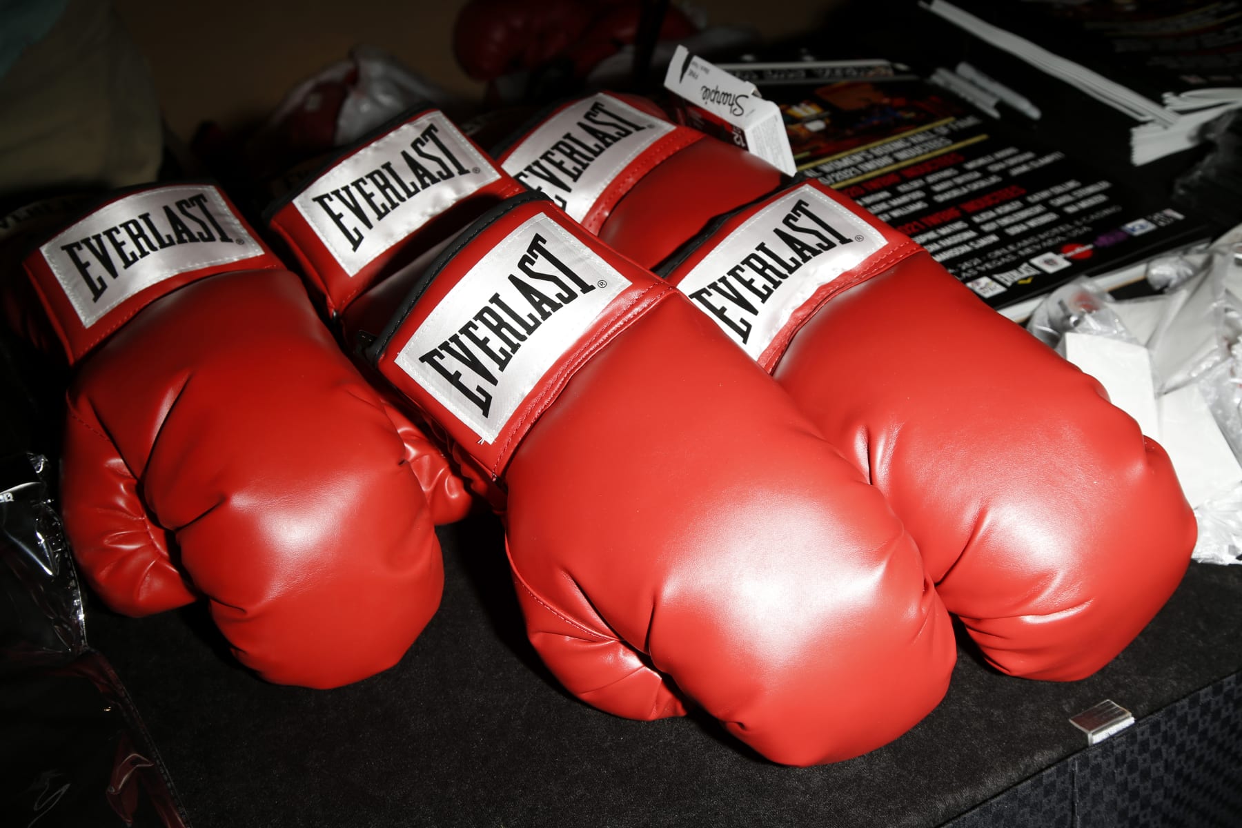 LAS VEGAS, NEVADA - AUGUST 14: Boxing gloves are displayed for sale during the 2020-2021 International Women's Boxing Hall of Fame induction ceremony at The Orleans Hotel & Casino on August 14, 2021 in Las Vegas, Nevada. (Photo by Gabe Ginsberg/Getty Images)
