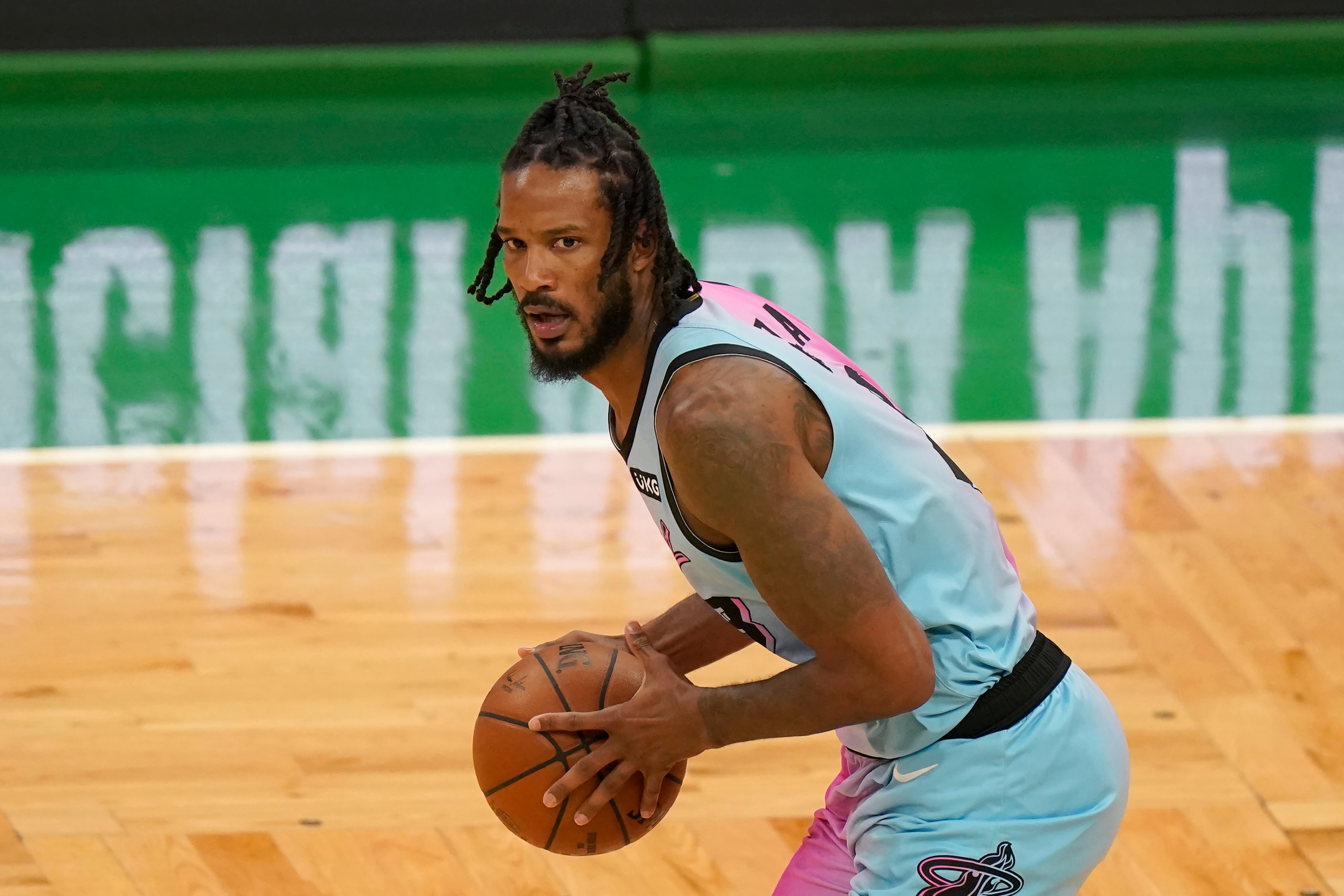 Miami Heat's Trevor Ariza (8) in the second half of a basketball game against the Boston Celtics, Sunday, May 9, 2021, in Boston. The Heat won 130-124. (AP Photo/Steven Senne)
