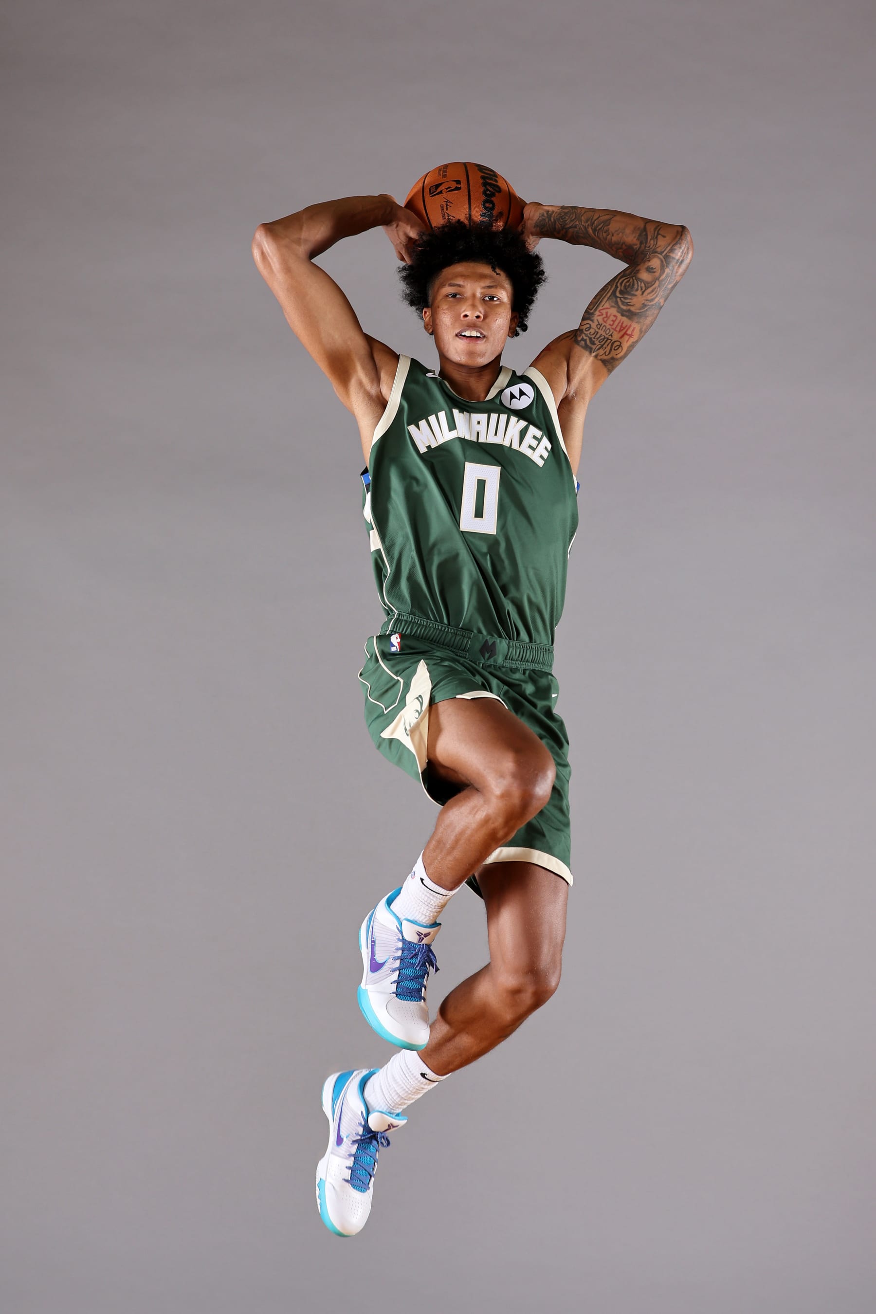 LAS VEGAS, NEVADA - JULY 15: MarJon Beauchamp #0 of Milwaukee Bucks poses during the 2022 NBA Rookie Portraits at UNLV on July 15, 2022 in Las Vegas, Nevada. NOTE TO USER: User expressly acknowledges and agrees that, by downloading and/or using this photograph, User is consenting to the terms and conditions of the Getty Images License Agreement. (Photo by Gregory Shamus/Getty Images)