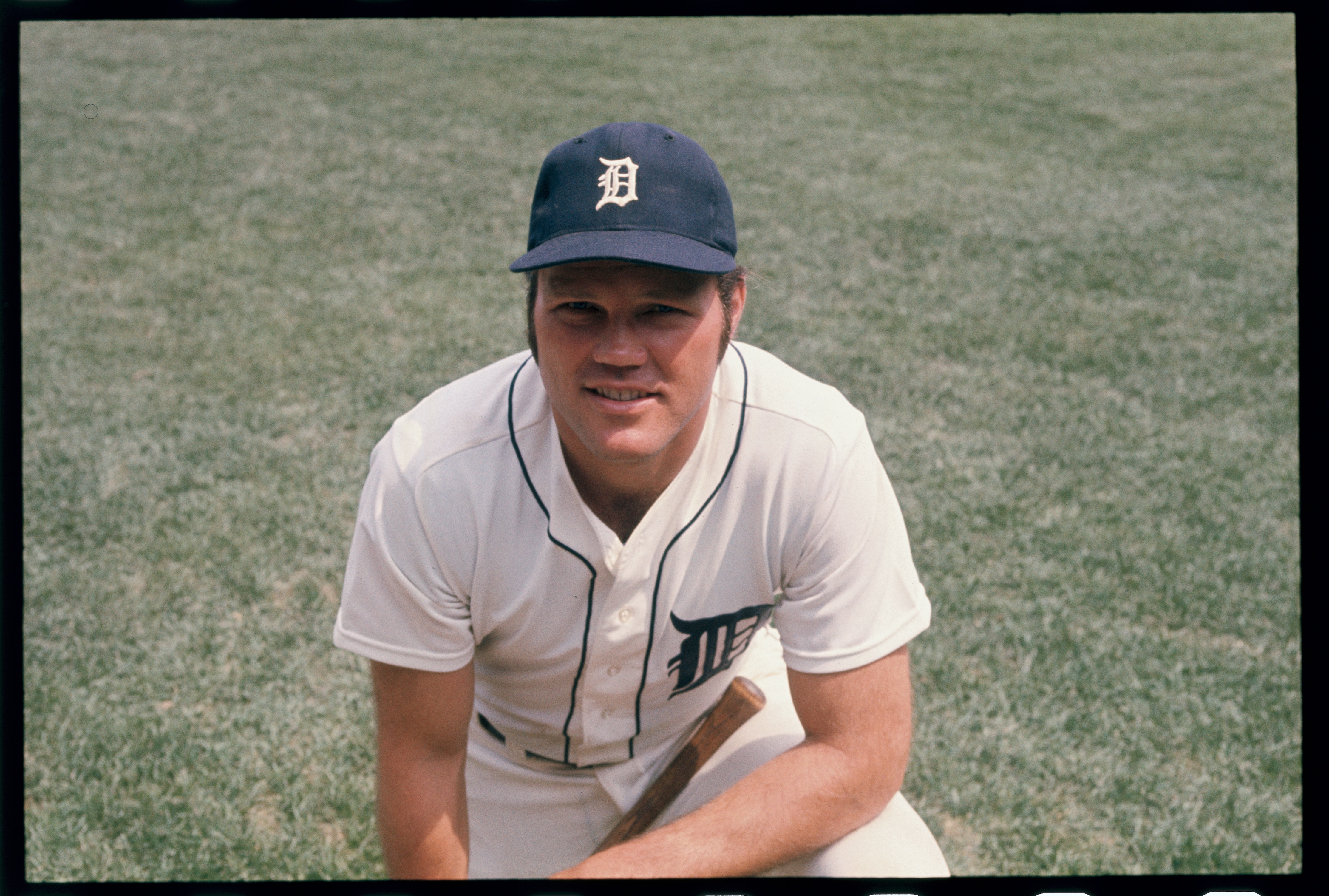 5/1972- Detroit, MI: Waist-up portrait of Detroit Tigers' catcher Bill Freehan in uniform, kneeling.