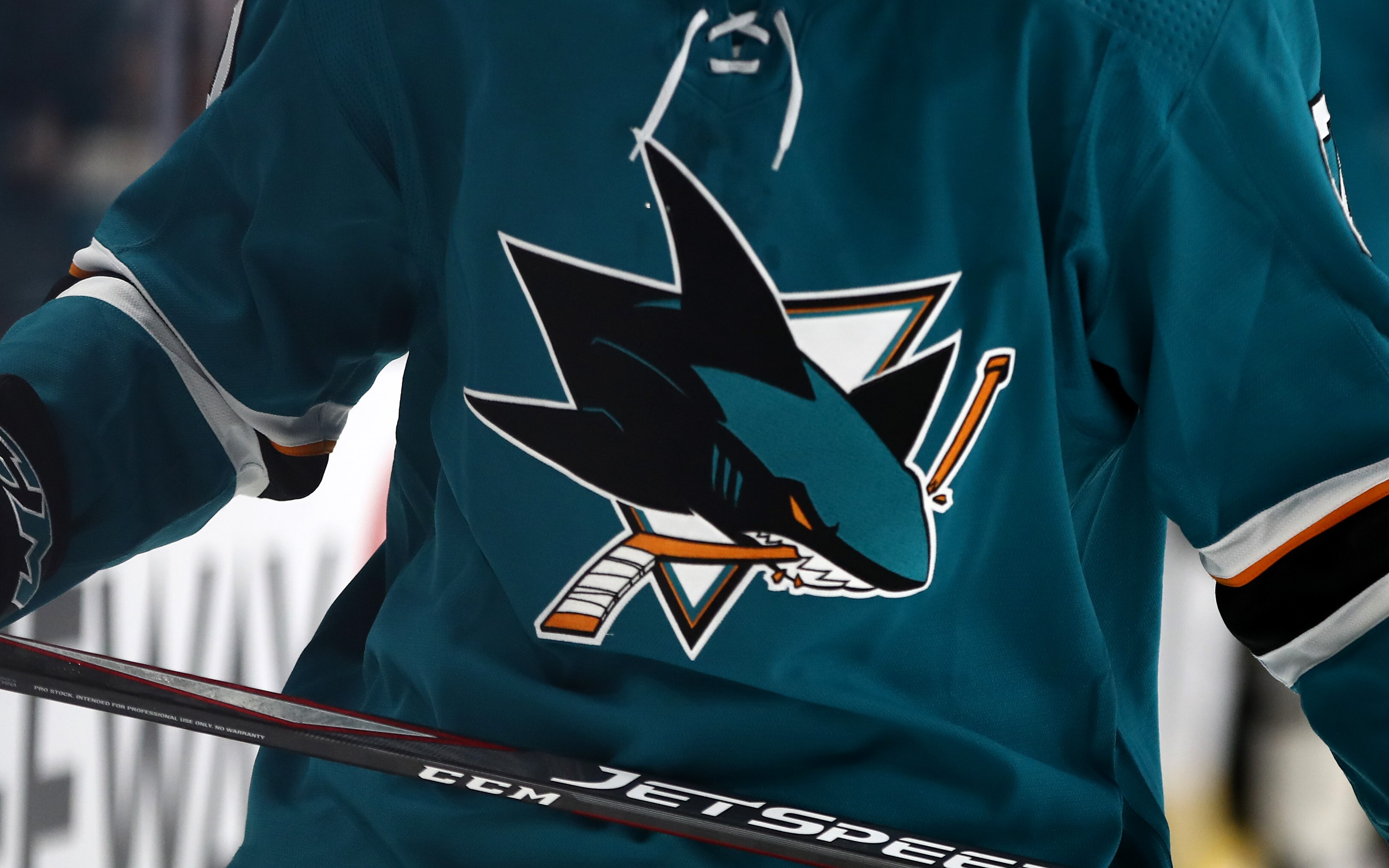 SAN JOSE, CALIFORNIA - OCTOBER 04:  The logo on the San Jose Sharks on a jersey during their game against the Vegas Golden Knights at SAP Center on October 04, 2019 in San Jose, California. (Photo by Ezra Shaw/Getty Images)