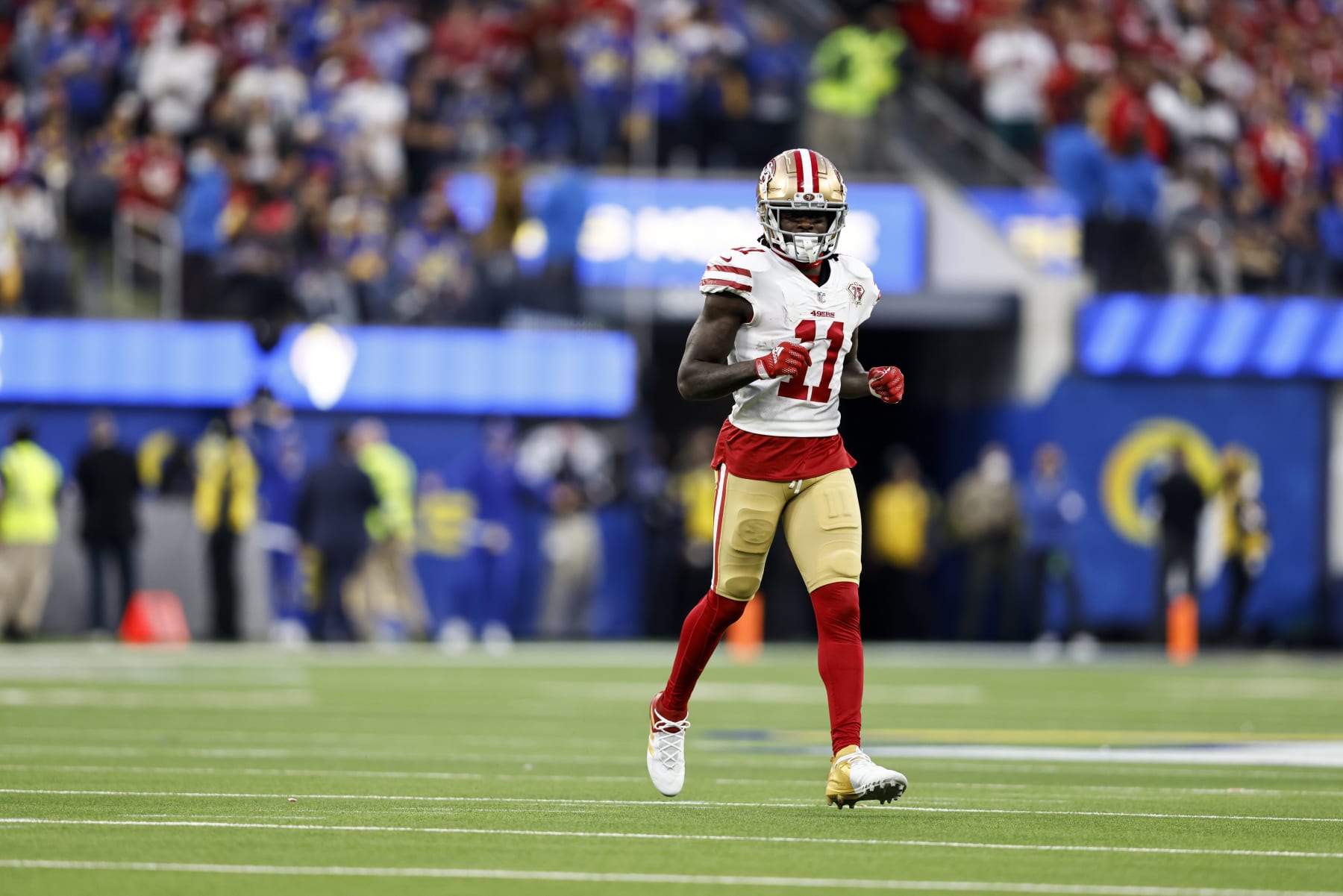 INGLEWOOD, CALIFORNIA - JANUARY 30: Brandon Aiyuk #11 of the San Francisco 49ers lines up against the Los Angeles Rams during the NFC Championship NFL football game at SoFi Stadium on January 30, 2022 in Inglewood, California. The Rams won 20-17 to advance to the Super Bowl. (Photo by Michael Owens/Getty Images)