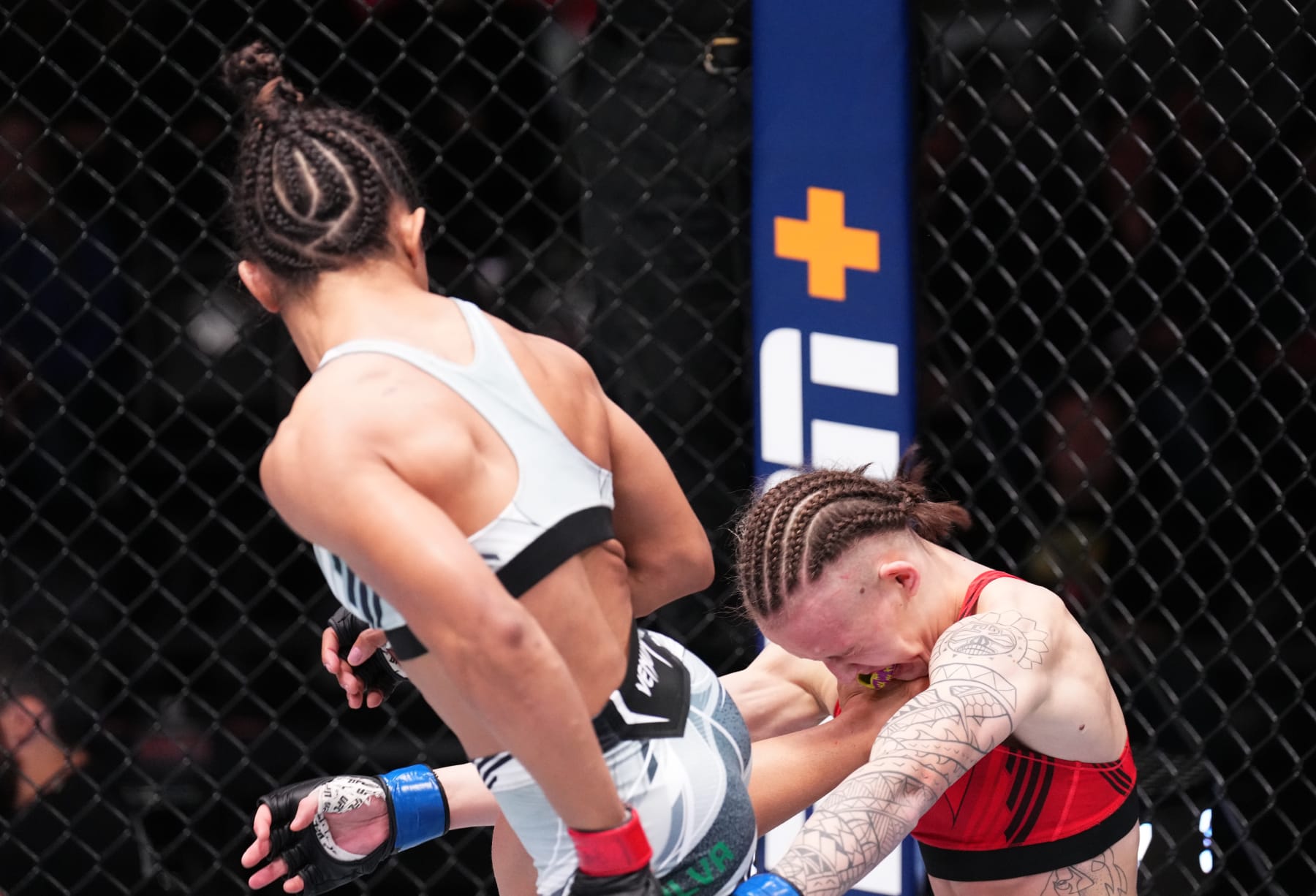 LAS VEGAS, NEVADA - NOVEMBER 19: (L-R) Natalia Silva of Brazil knocks out Tereza Bleda of the Czech Republic in a flyweight fight during the UFC Fight Night event at UFC APEX on November 19, 2022 in Las Vegas, Nevada. (Photo by Chris Unger/Zuffa LLC)