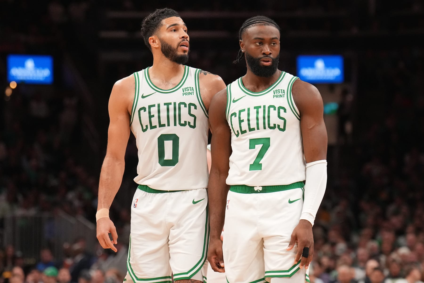 BOSTON, MA - MAY 9: Jayson Tatum #0 and Jaylen Brown #7 of the Boston Celtics look on during the game against the Cleveland Cavaliers during Round 2 Game 2 of the 2024 NBA Playoffs on May 9, 2024 at the TD Garden in Boston, Massachusetts. NOTE TO USER: User expressly acknowledges and agrees that, by downloading and or using this photograph, User is consenting to the terms and conditions of the Getty Images License Agreement. Mandatory Copyright Notice: Copyright 2024 NBAE  (Photo by Jesse D. Garrabrant/NBAE via Getty Images)