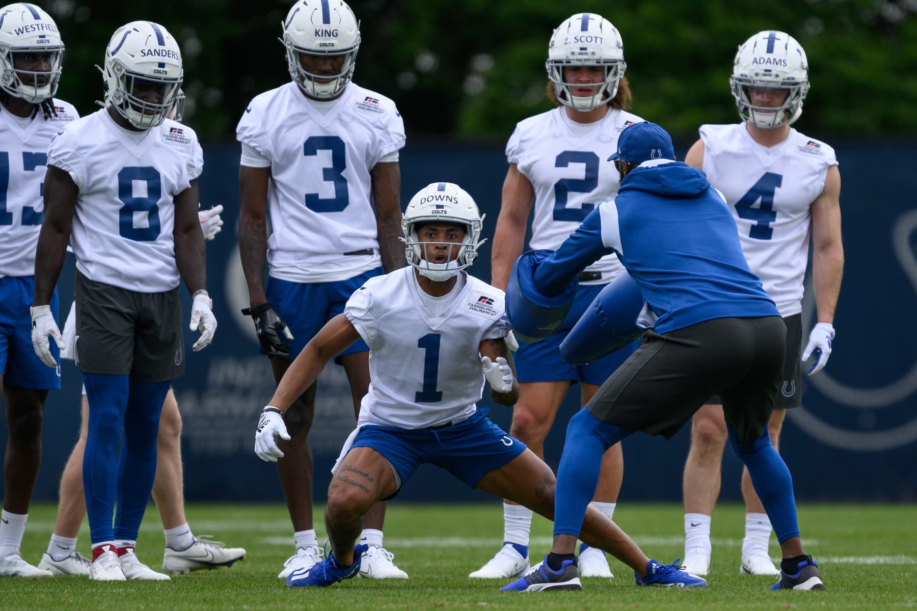 INDIANAPOLIS, IN - MAY 06: Indianapolis Colts wide receiver Josh Downs (1) runs through a drill during the Indianapolis Colts rookie camp practice on May 6, 2023 at the Indiana Farm Bureau Football Center in Indianapolis, IN. (Photo by Zach Bolinger/Icon Sportswire via Getty Images)