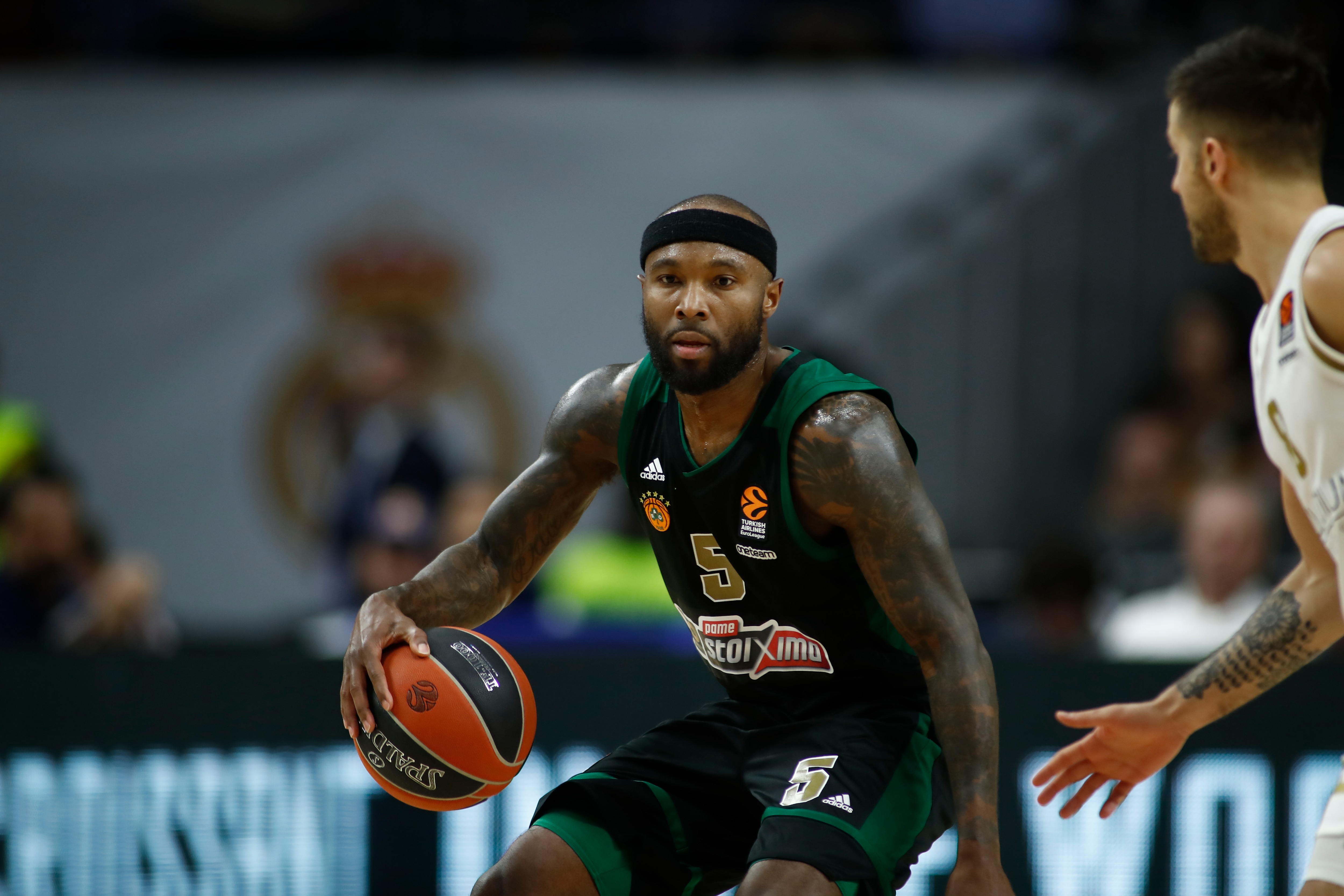 MADRID, SPAIN - FEBRUARY 24: Tyrese Rice of Panathinaikos in action during the EuroLeague basketball match played between Real Madrid Baloncesto and Panathinaikos BC at Wizink Center pavilion on February 24, 2020 in Madrid, Spain. (Photo by Oscar J. Barroso / AFP7 / Europa Press Sports via Getty Images)