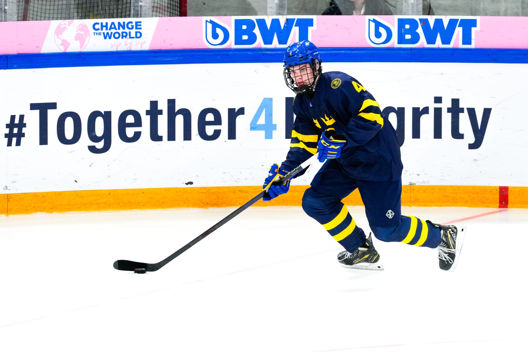 BASEL, SWITZERLAND - APRIL 30: Axel Sandin Pellikka of Sweden in action during final of U18 Ice Hockey World Championship match between United States and Sweden at St. Jakob-Park at St. Jakob-Park on April 30, 2023 in Basel, Switzerland. (Photo by Jari Pestelacci/Eurasia Sport Images/Getty Images)