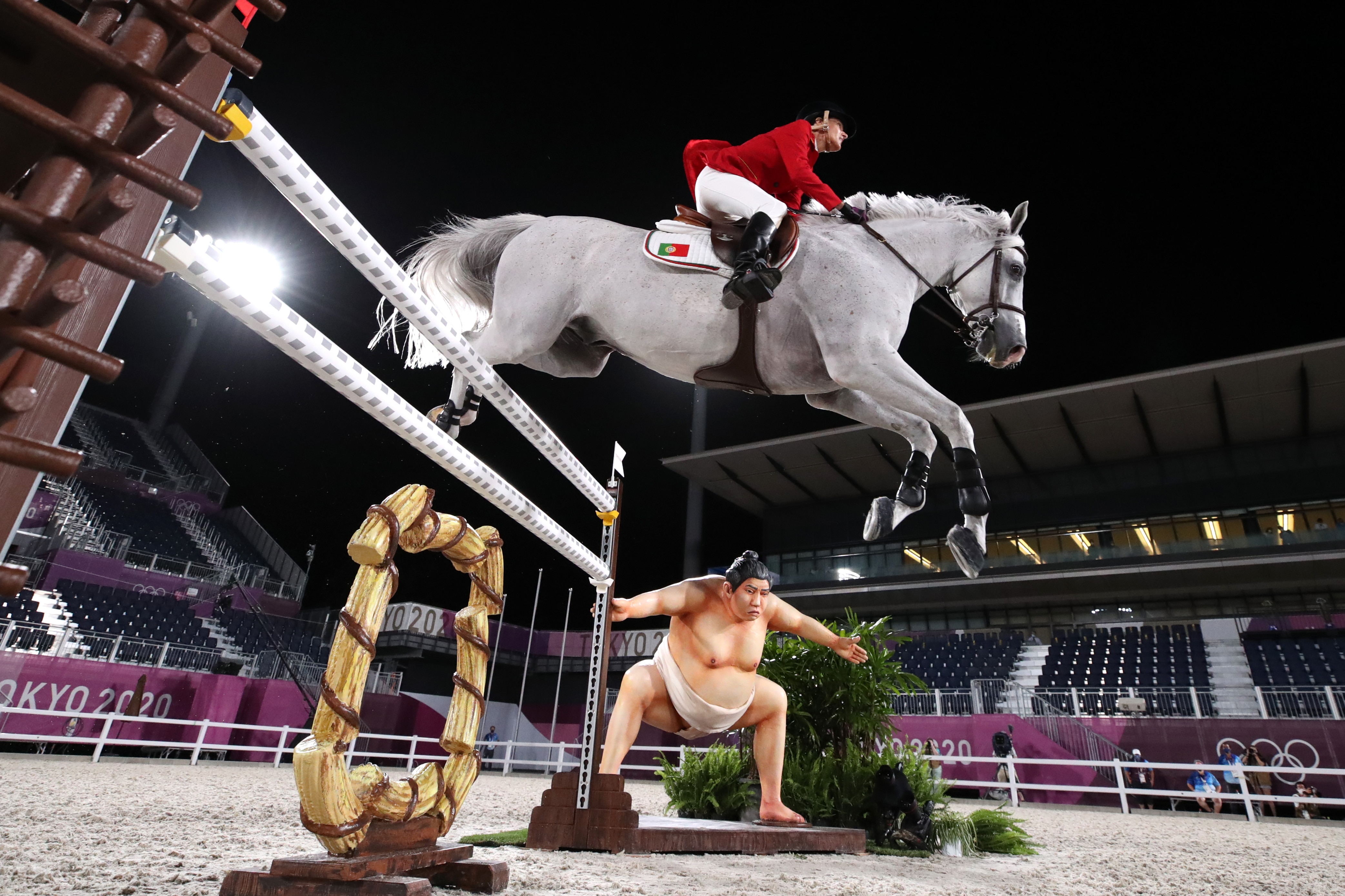 TOKYO, JAPAN - AUGUST 03: Luciana Diniz of Team Portugal riding Vertigo Du Desert competes during the Jumping Individual Qualifier on day eleven of the Tokyo 2020 Olympic Games at Equestrian Park on August 03, 2021 in Tokyo, Japan. (Photo by Naomi Baker/Getty Images)