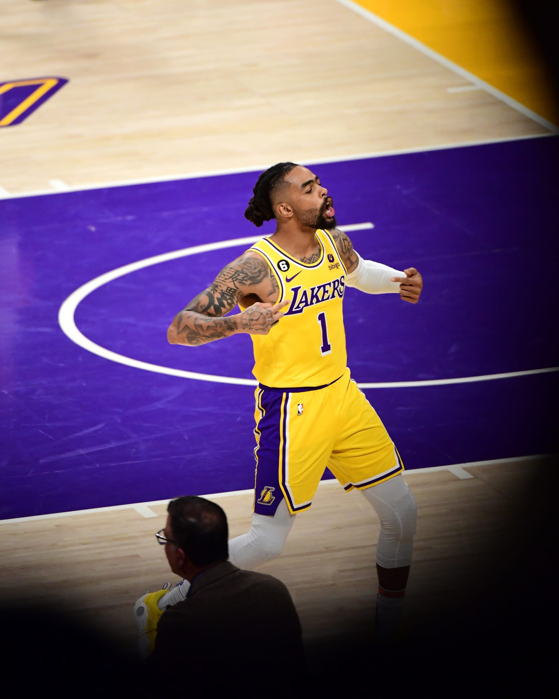 LOS ANGELES, CA - APRIL 24: D'Angelo Russell #1 of the Los Angeles Lakers celebrates during Round 1 Game 4 of the 2023 NBA Playoffs on April 24, 2023 at Crypto.Com Arena in Los Angeles, California. NOTE TO USER: User expressly acknowledges and agrees that, by downloading and/or using this Photograph, user is consenting to the terms and conditions of the Getty Images License Agreement. Mandatory Copyright Notice: Copyright 2023 NBAE (Photo by Adam Pantozzi/NBAE via Getty Images)