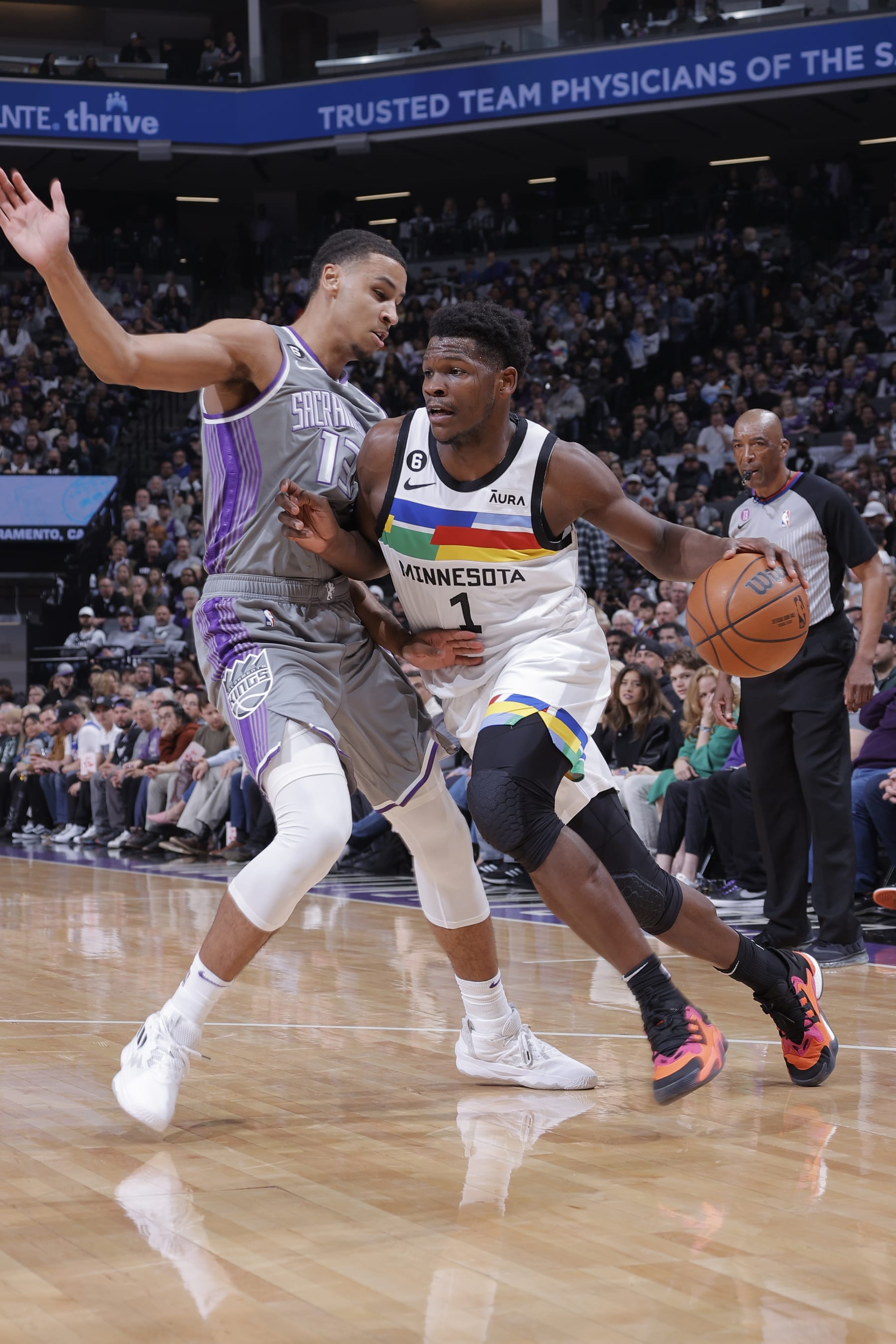 SACRAMENTO, CA - MARCH 27: Anthony Edwards #1 of the Minnesota Timberwolves drives to the basket during the game against the Sacramento Kings on March 27, 2023 at Golden 1 Center in Sacramento, California. NOTE TO USER: User expressly acknowledges and agrees that, by downloading and or using this Photograph, user is consenting to the terms and conditions of the Getty Images License Agreement. Mandatory Copyright Notice: Copyright 2023 NBAE (Photo by Rocky Widner/NBAE via Getty Images)