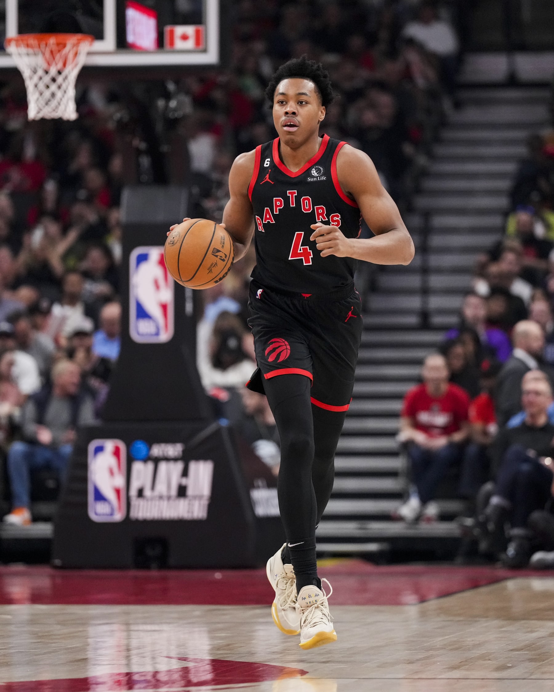 TORONTO, ON - APRIL 12: Scottie Barnes #4 of the Toronto Raptors dribbles the ball against the Chicago Bulls during the 2023 Play-In Tournament at the Scotiabank Arena on April 12, 2023 in Toronto, Ontario, Canada. NOTE TO USER: User expressly acknowledges and agrees that, by downloading and/or using this Photograph, user is consenting to the terms and conditions of the Getty Images License Agreement. (Photo by Andrew Lahodynskyj/Getty Images)