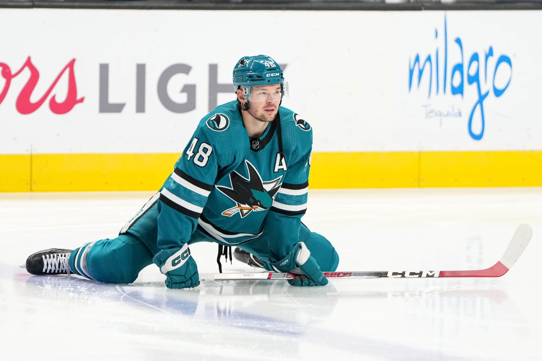 SAN JOSE, CALIFORNIA - DECEMBER 28: Tomas Hertl #48 of the San Jose Sharks stretches before the game against the Edmonton Oilers at SAP Center on December 28, 2023 in San Jose, California. (Photo by Andreea Cardani/NHLI via Getty Images)