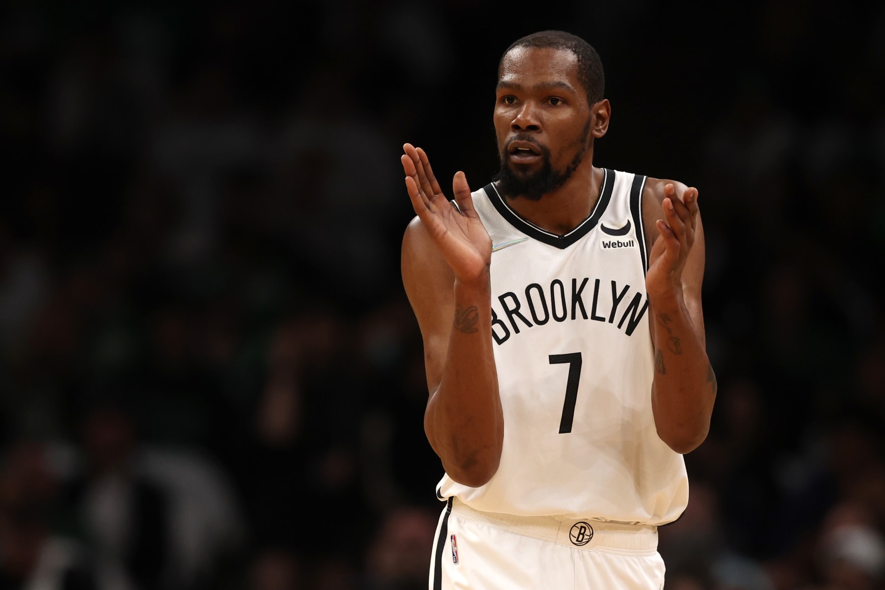 BOSTON, MASSACHUSETTS - APRIL 17: Kevin Durant #7 of the Brooklyn Nets claps during the first quarter of Round 1 Game 1 of the 2022 NBA Eastern Conference Playoffs at TD Garden on April 17, 2022 in Boston, Massachusetts. (Photo by Maddie Meyer/Getty Images)