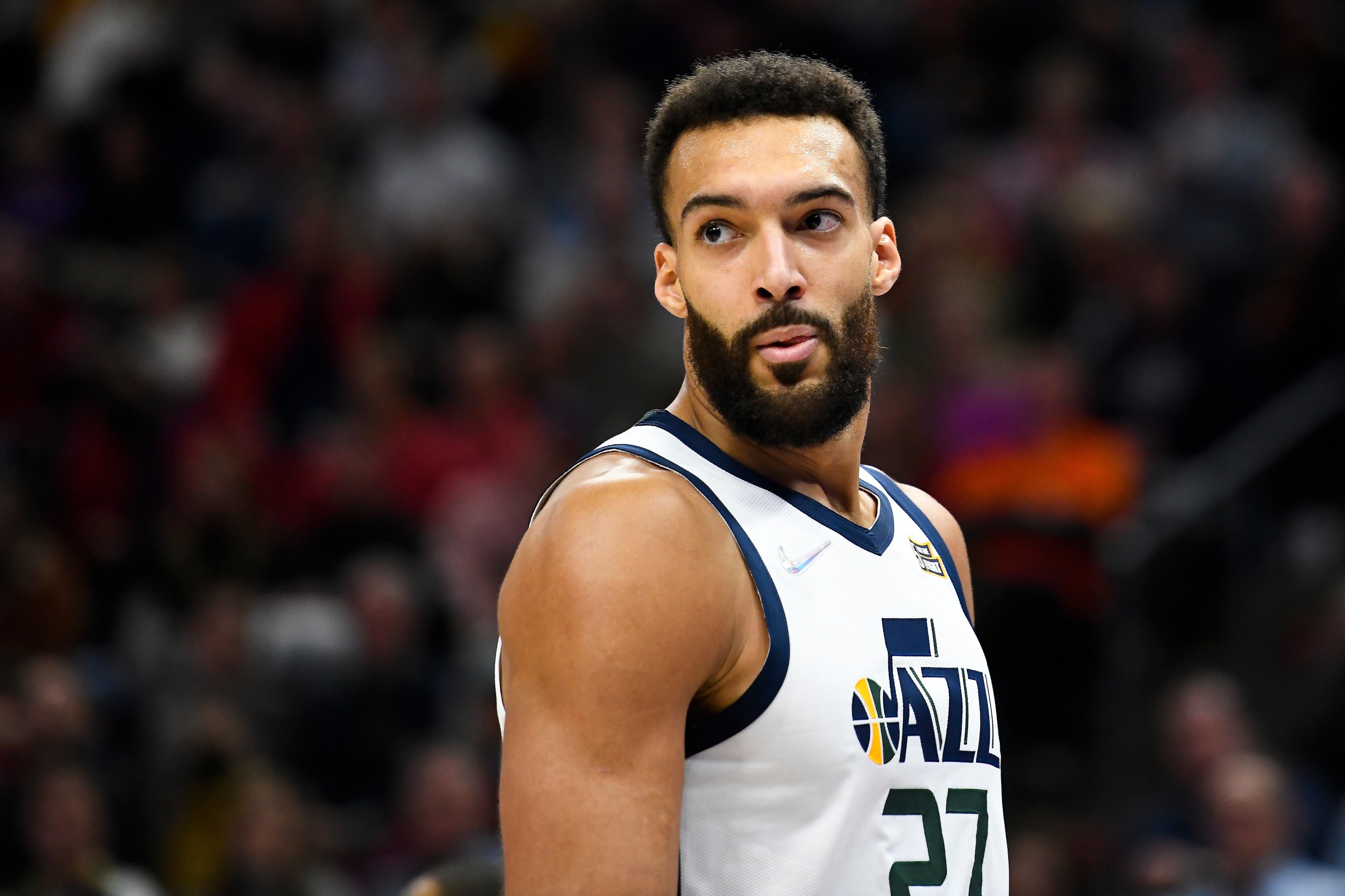 SALT LAKE CITY, UTAH - FEBRUARY 14: Rudy Gobert #27 of the Utah Jazz in action during the second half of a game against the Houston Rockets at Vivint Smart Home Arena on February 14, 2022 in Salt Lake City, Utah.  NOTE TO USER: User expressly acknowledges and agrees that, by downloading and or using this photograph, User is consenting to the terms and conditions of the Getty Images License Agreement. (Photo by Alex Goodlett/Getty Images)