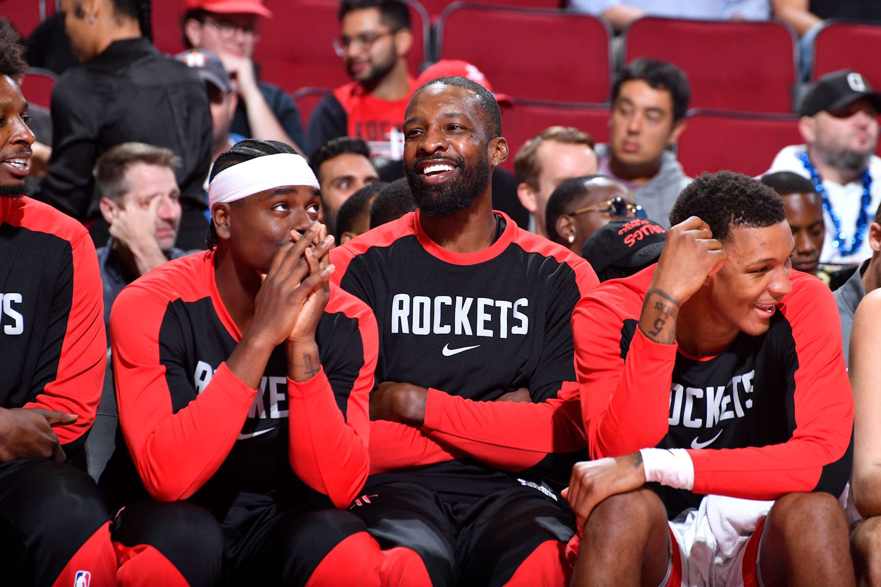 HOUSTON, TX - OCTOBER 17: Jeff Green #32 of the Houston Rockets smiles during the game against the San Antonio Spurson October 17, 2024 at the Toyota Center in Houston, Texas. NOTE TO USER: User expressly acknowledges and agrees that, by downloading and or using this photograph, User is consenting to the terms and conditions of the Getty Images License Agreement. Mandatory Copyright Notice: Copyright 2024 NBAE (Photo by Logan Riely/NBAE via Getty Images)