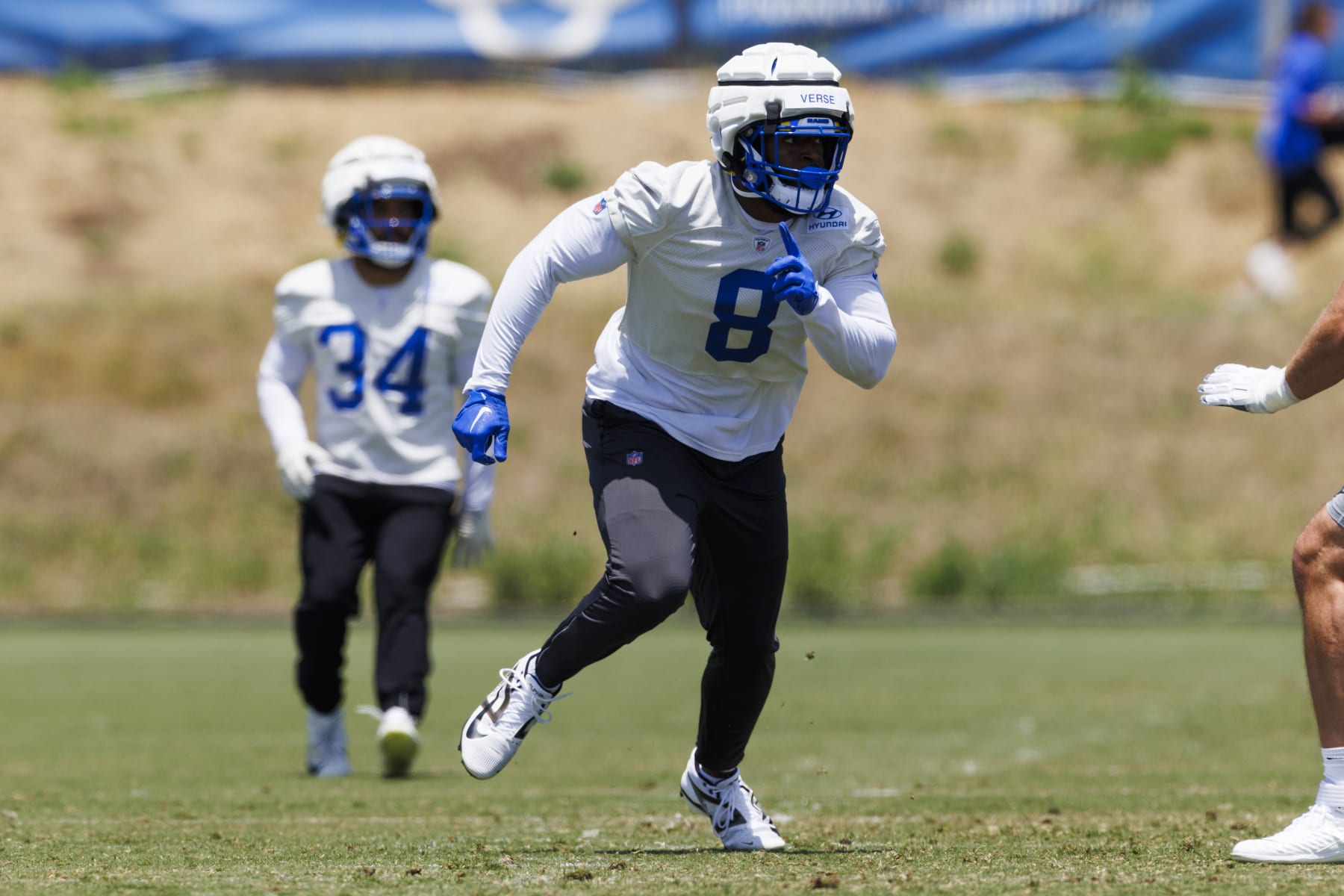 THOUSAND OAKS, CALIFORNIA - MAY 21: Jared Verse #8 of the Los Angeles Rams rushes the edge during an NFL football organized team activity on May 21, 2024 in Thousand Oaks, California. (Photo by Ric Tapia/Getty Images)