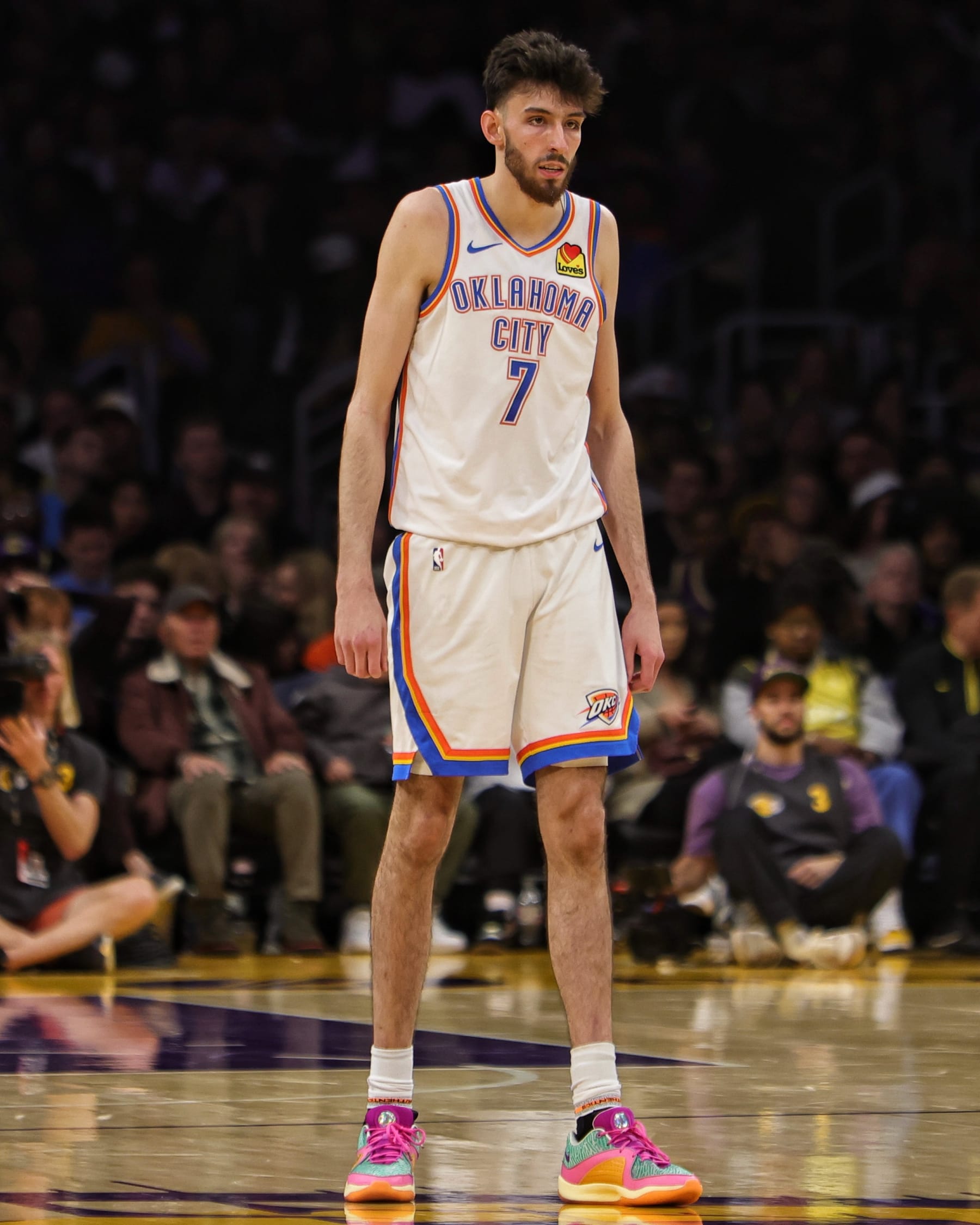 LOS ANGELES, CA - MARCH 4: Chet Holmgren #7 of the Oklahoma City Thunder looks on during the game against the Los Angeles Lakers on March 4, 2024 at Crypto.Com Arena in Los Angeles, California. NOTE TO USER: User expressly acknowledges and agrees that, by downloading and/or using this Photograph, user is consenting to the terms and conditions of the Getty Images License Agreement. Mandatory Copyright Notice: Copyright 2024 NBAE (Photo by Jim Poorten/NBAE via Getty Images)