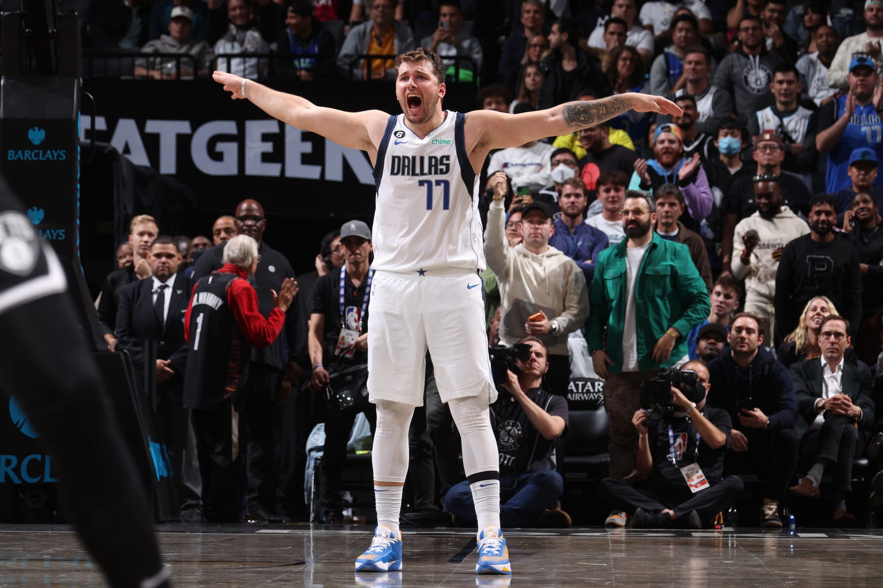 BROOKLYN, NY - OCTOBER 27: Luka Doncic #77 of the Dallas Mavericks celebrates after the win against the Brooklyn Nets on October 27, 2022 at Barclays Center in Brooklyn, New York. NOTE TO USER: User expressly acknowledges and agrees that, by downloading and or using this Photograph, user is consenting to the terms and conditions of the Getty Images License Agreement. Mandatory Copyright Notice: Copyright 2022 NBAE (Photo by Nathaniel S. Butler/NBAE via Getty Images)