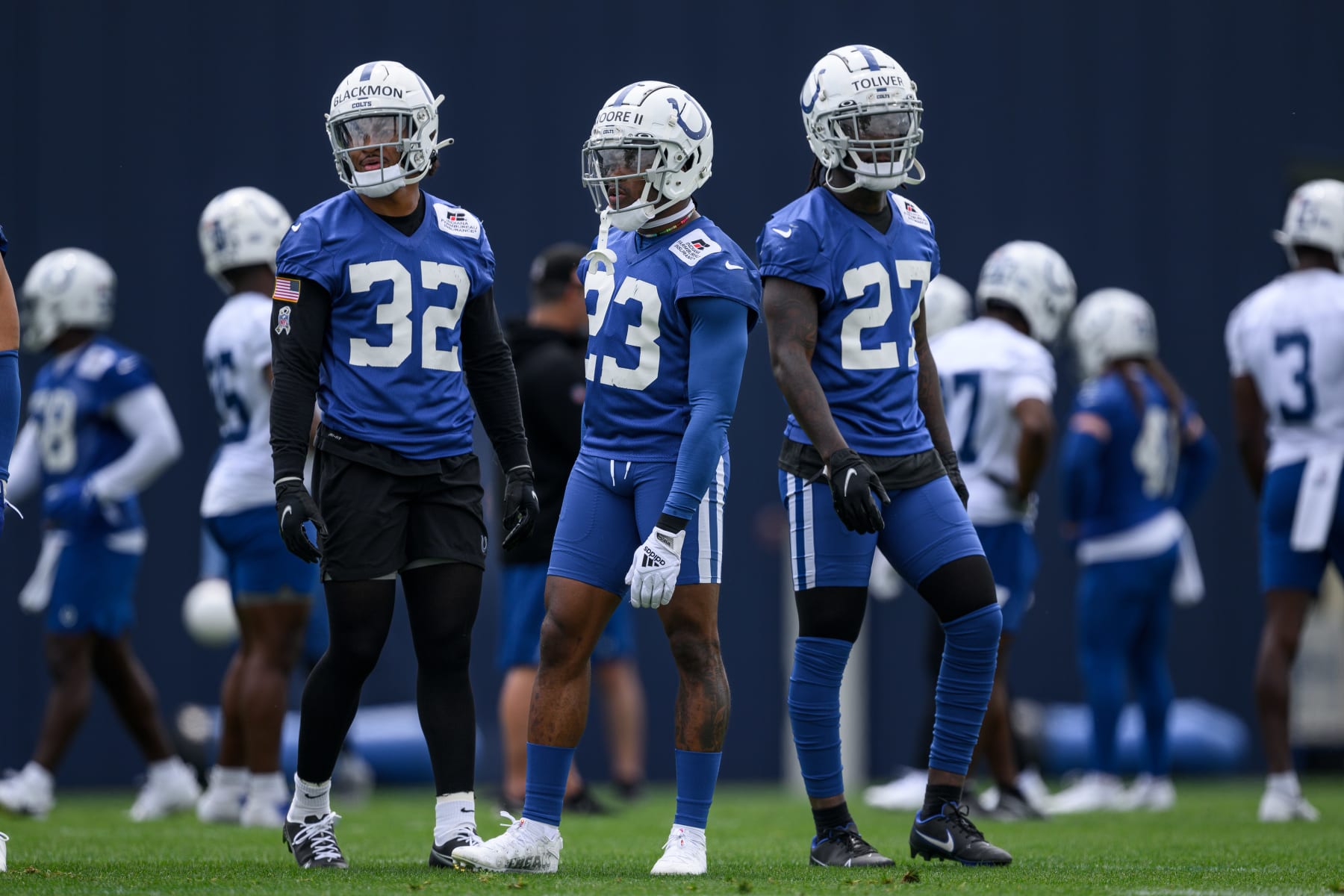 INDIANAPOLIS, IN - JUNE 14: Indianapolis Colts safety Julian Blackmon (32) and Indianapolis Colts cornerback Kenny Moore II (23) run through a drill during the Indianapolis Colts Minicamp on June 14, 2023 at the Indiana Farm Bureau Football Center in Indianapolis, IN. (Photo by Zach Bolinger/Icon Sportswire via Getty Images)