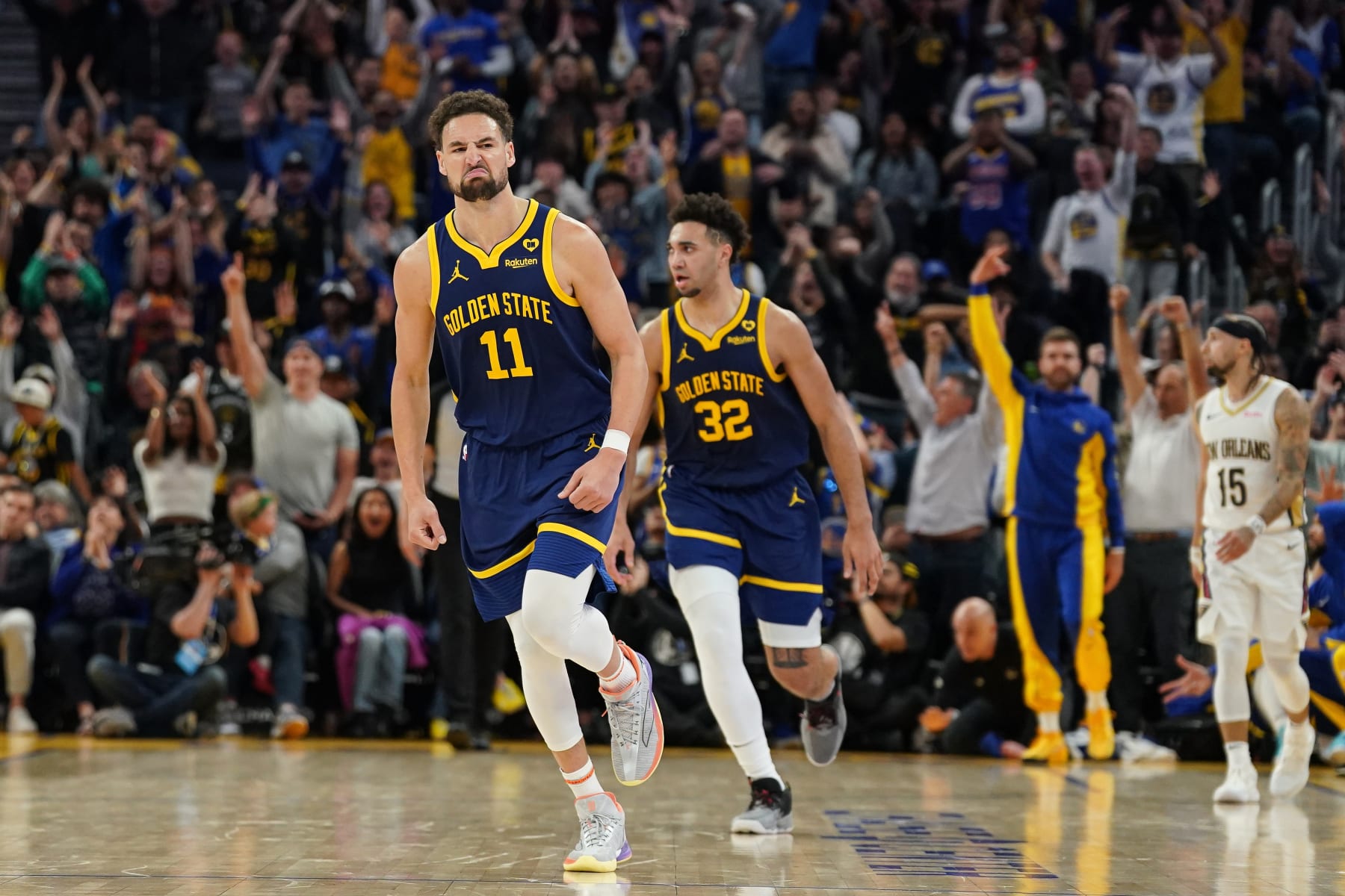 SAN FRANCISCO, CA - APRIL 12: Klay Thompson #11 of the Golden State Warriors reacts to making a basket in the fourth quarter against the New Orleans Pelicans at Chase Center on April 12, 2024 in San Francisco, California. NOTE TO USER: User expressly acknowledges and agrees that, by downloading and/or using this photograph, User is consenting to the terms and conditions of the Getty Images License Agreement. (Photo by Kavin Mistry/Getty Images)